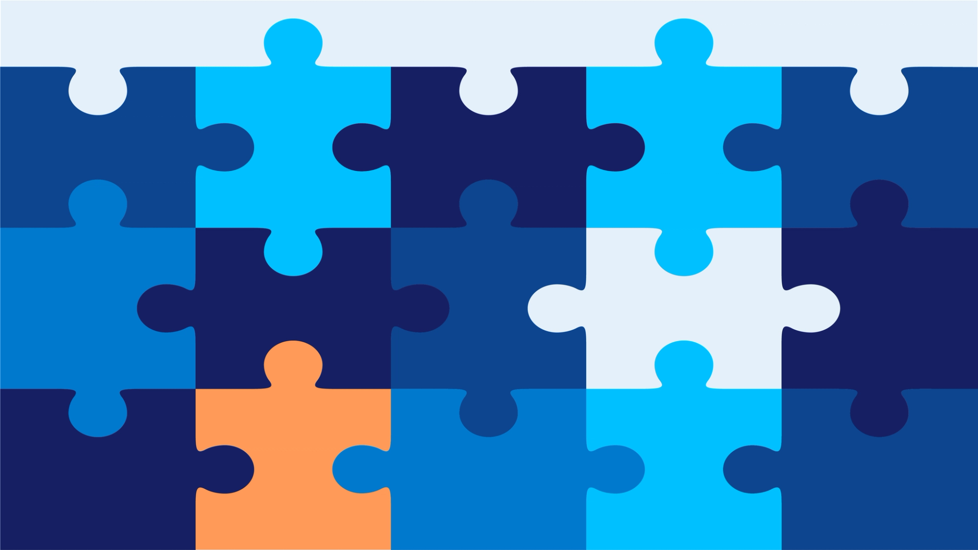 Illustration of plain blue jigsaw pieces, with one orange piece, representing the blogs in this series
