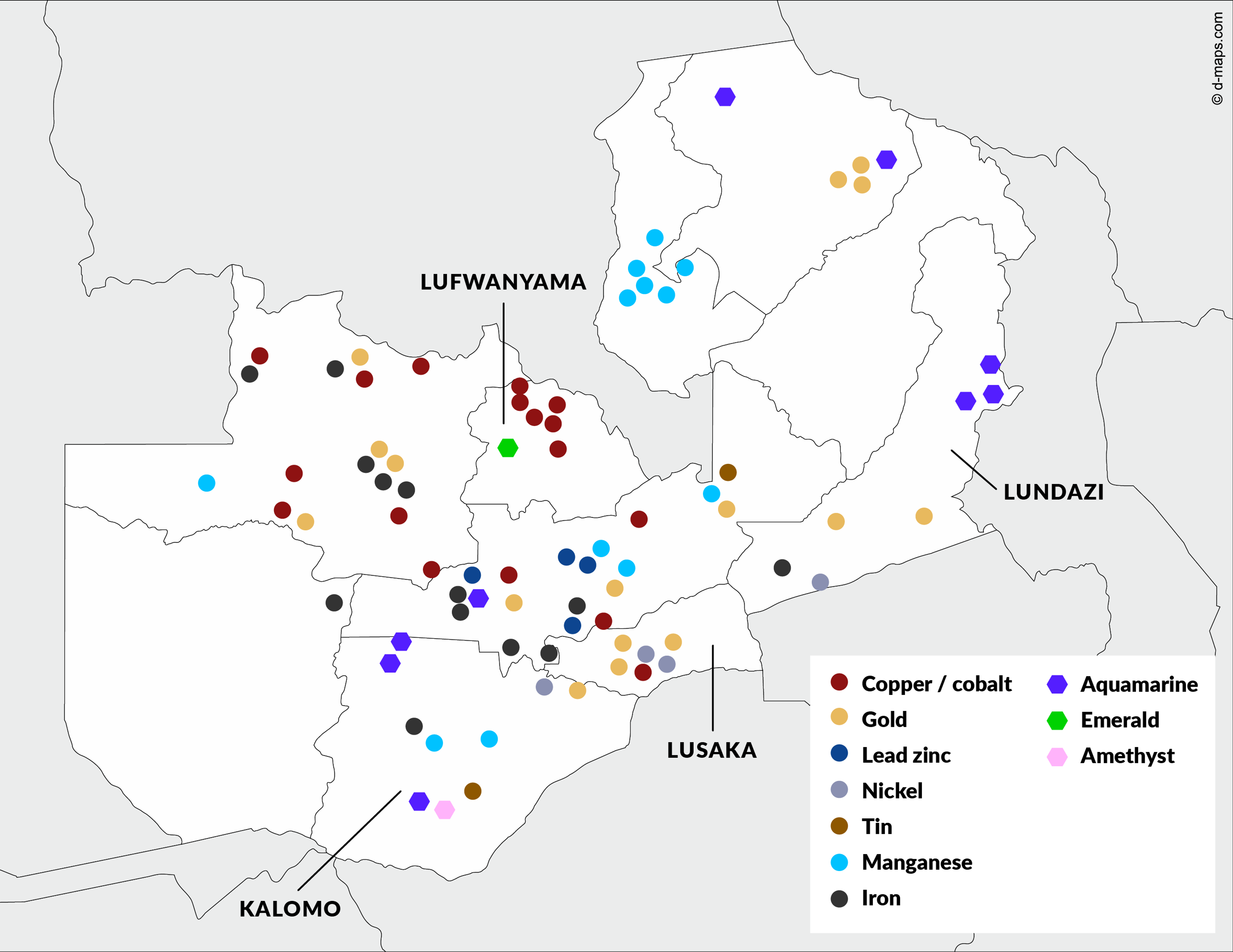 A map over Zambia with regions of mining marked.
