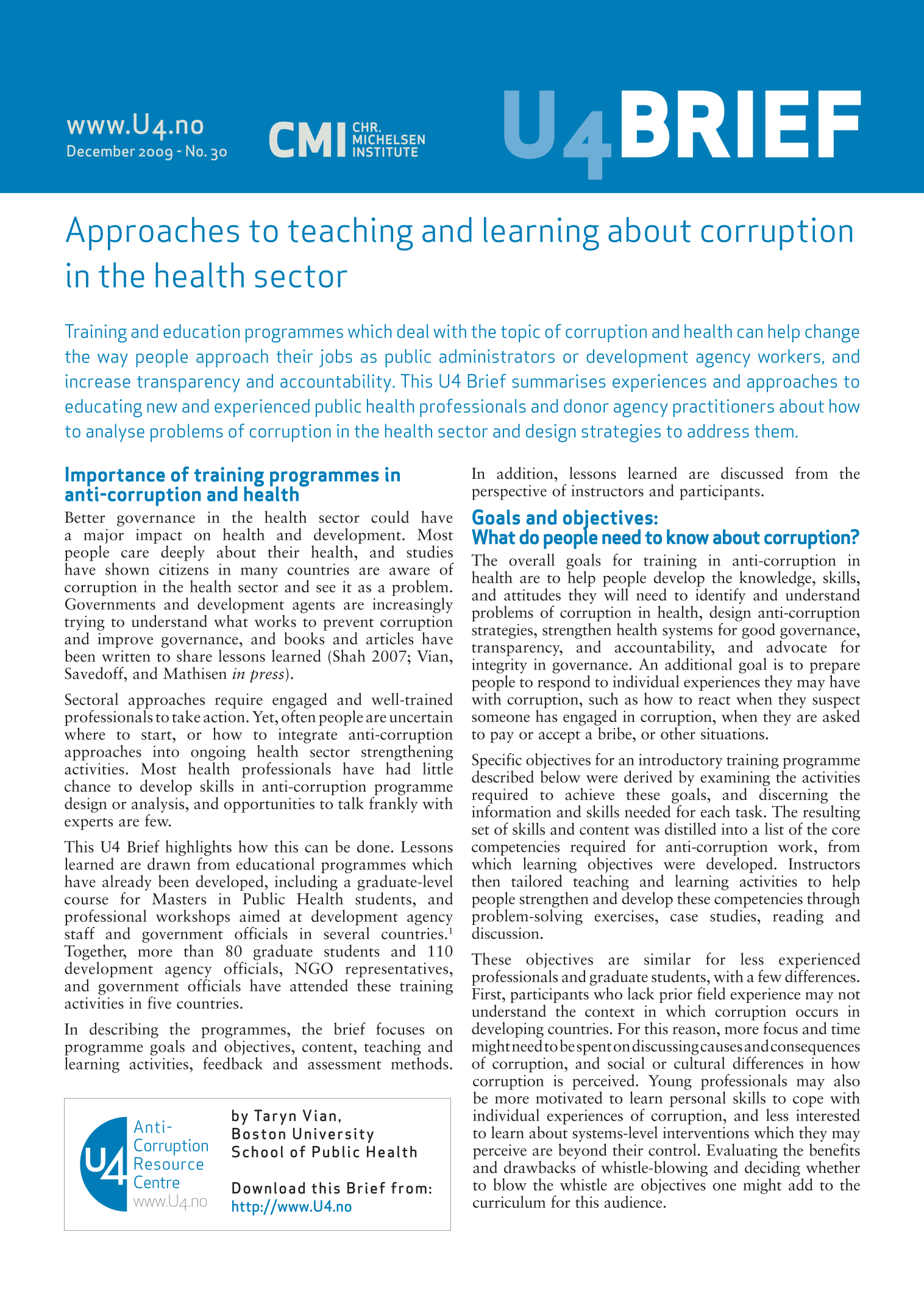 Approaches to teaching and learning about corruption in the health sector