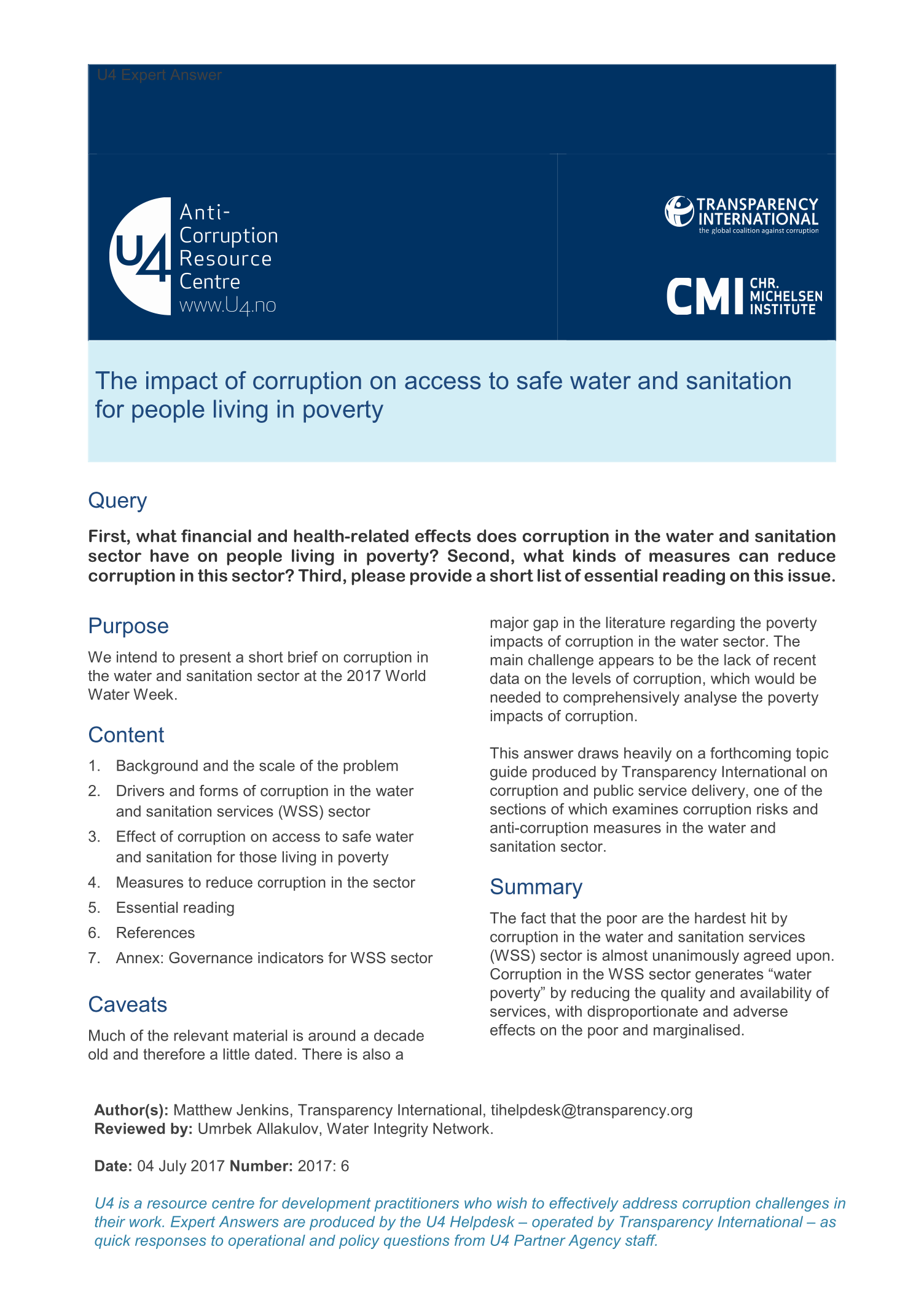 The impact of corruption on access to safe water and sanitation for people living in poverty 