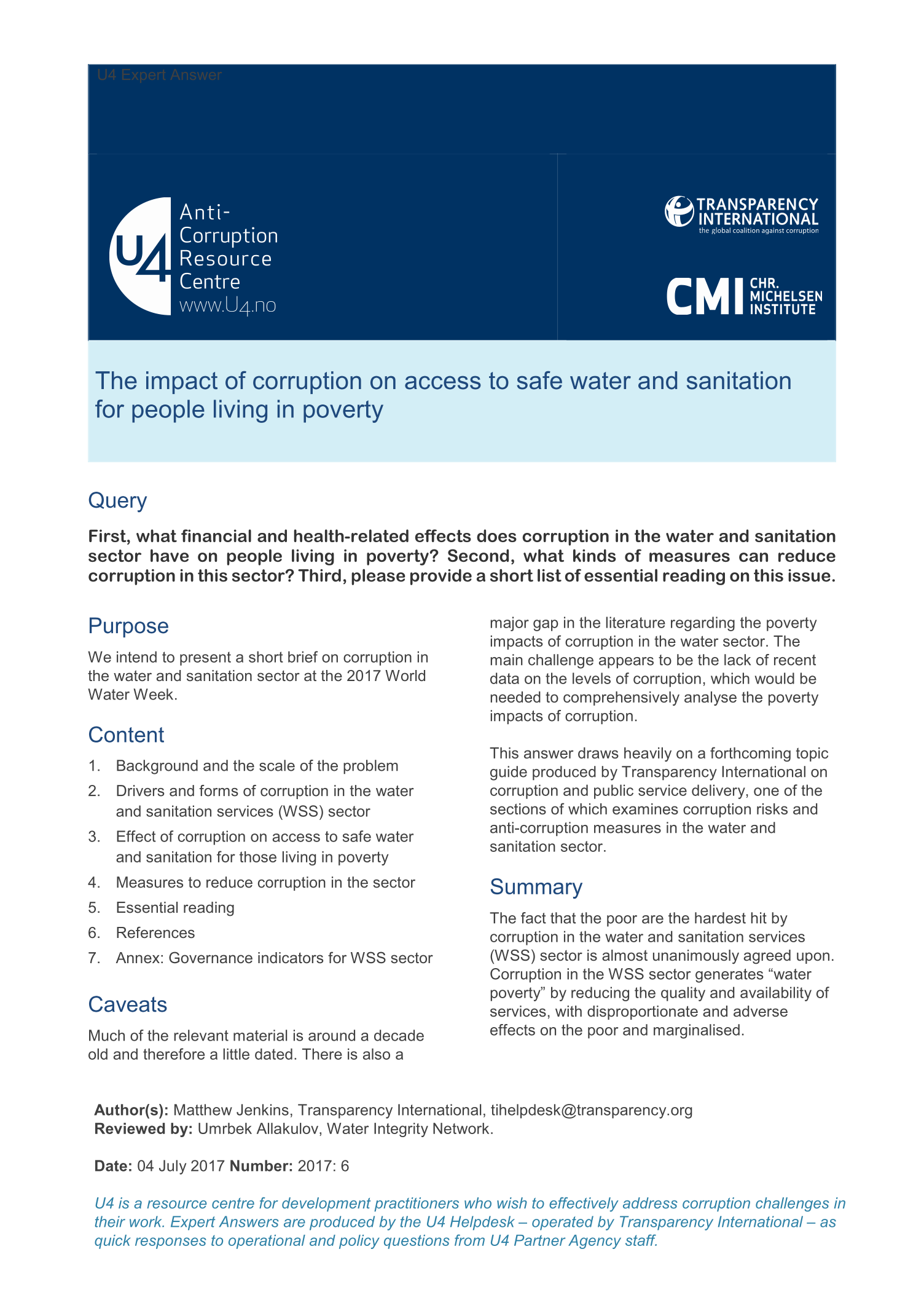 The impact of corruption on access to safe water and sanitation for people living in poverty