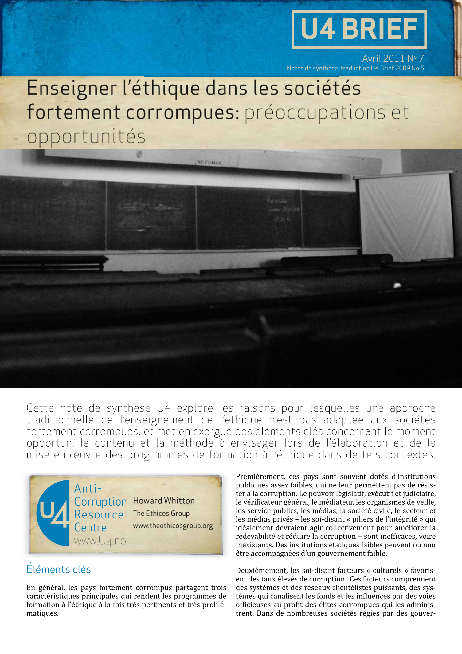 Enseigner l'éthique dans les sociétés fortement corrompues: préoccupations et opportunités