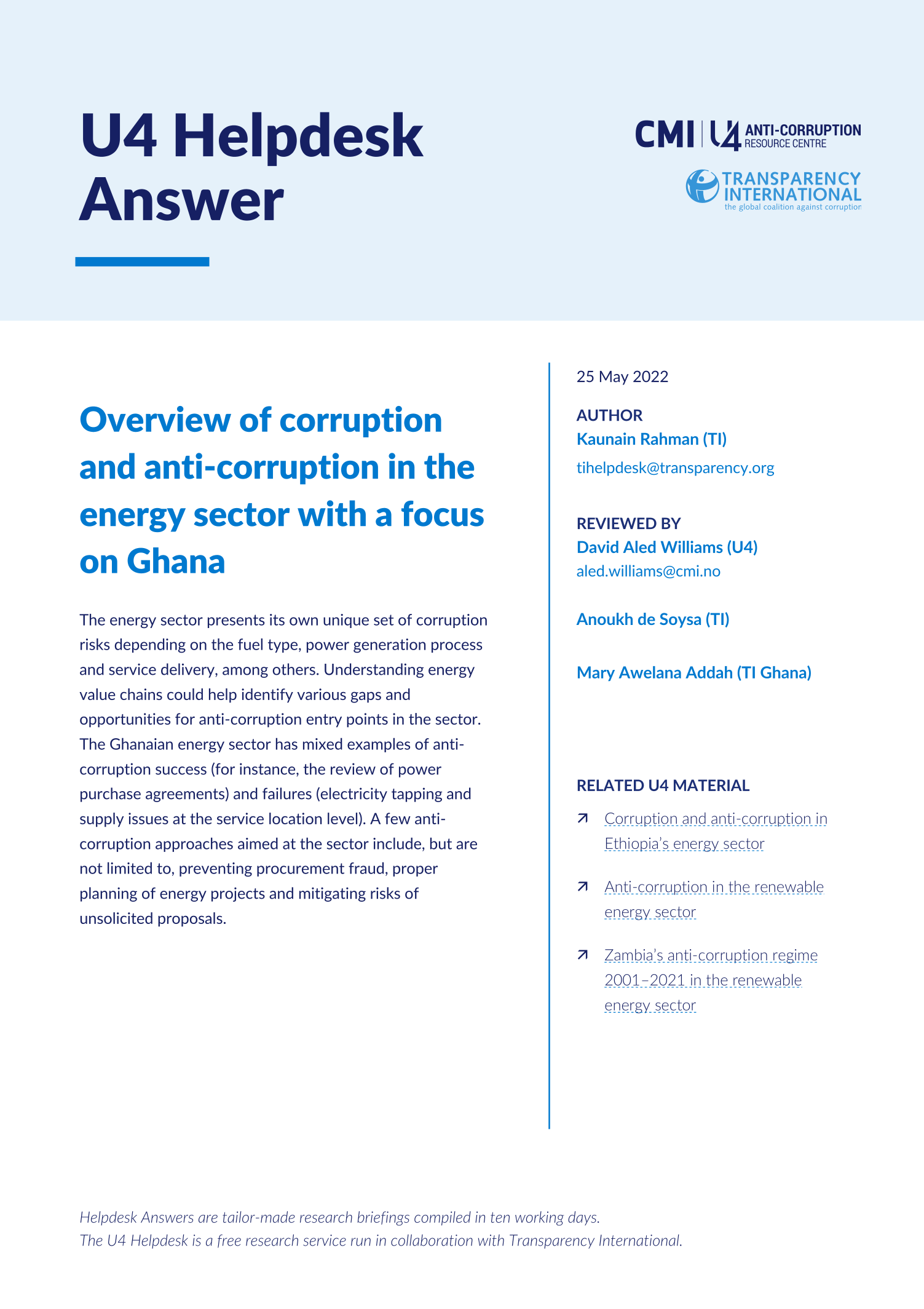 Overview of corruption and anti-corruption in the energy sector with a focus on Ghana