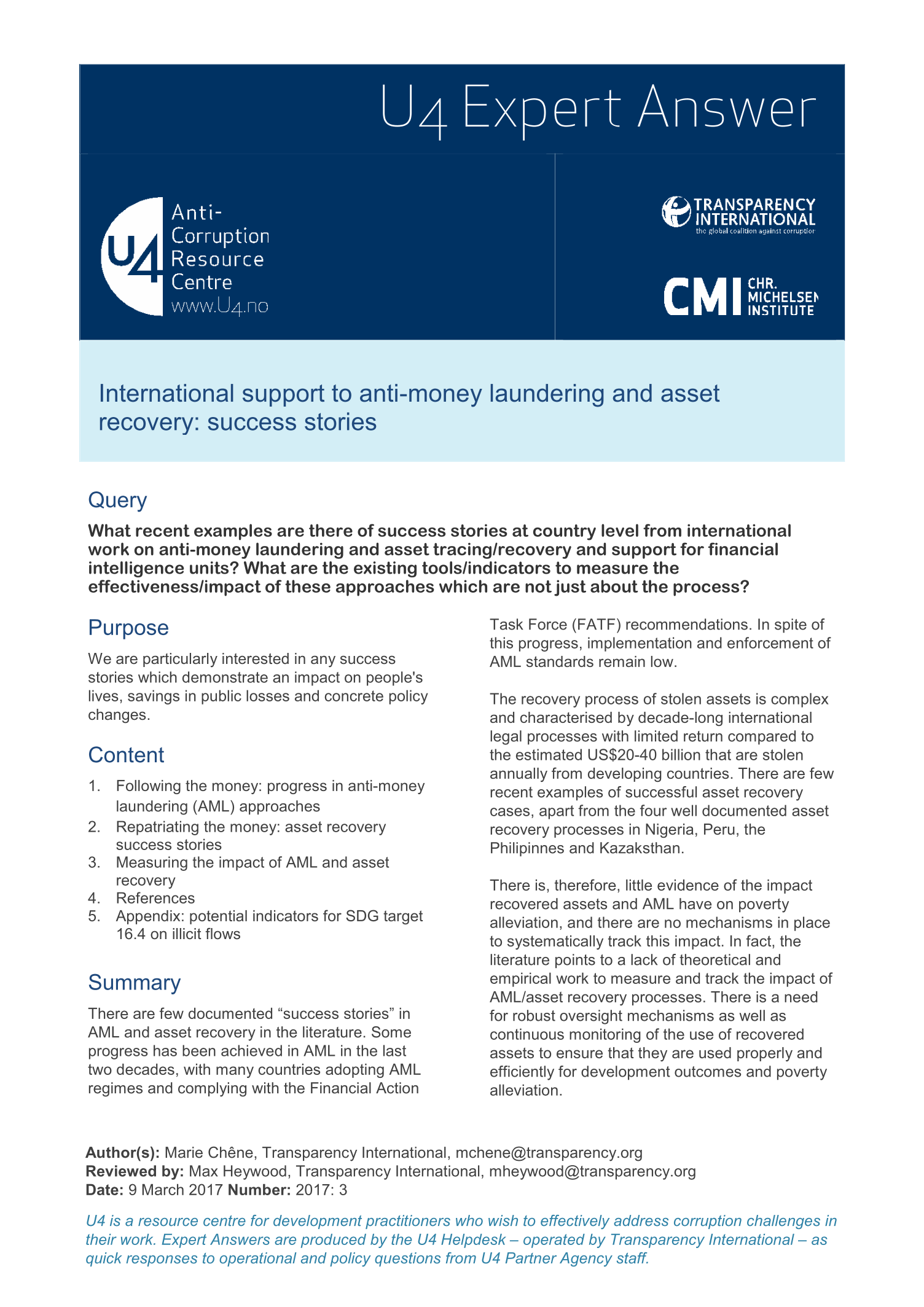 International support to anti-money laundering and asset recovery: success stories 