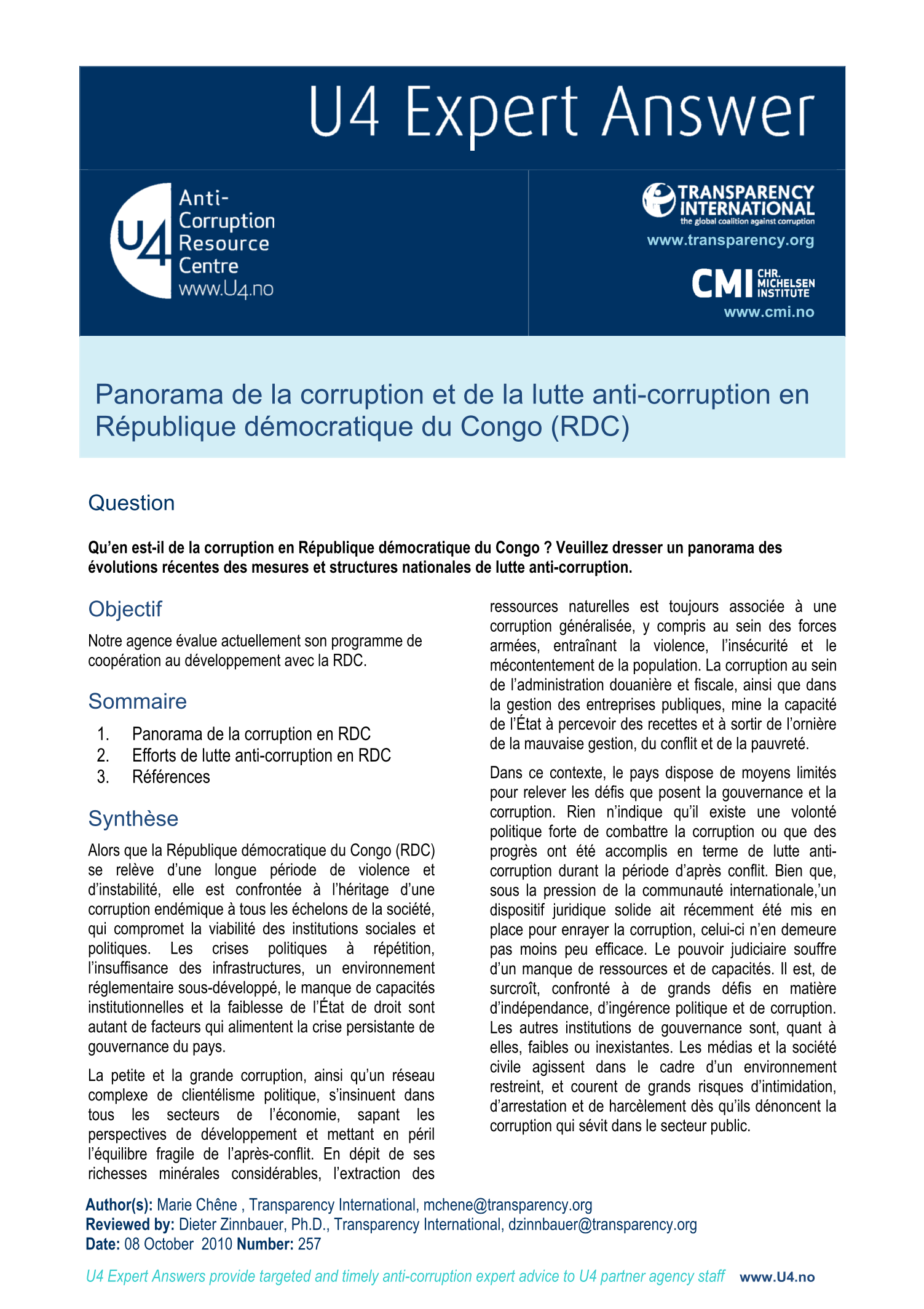 Panorama de la corruption et de la lutte anti-corruption en République démocratique du Congo (RDC)