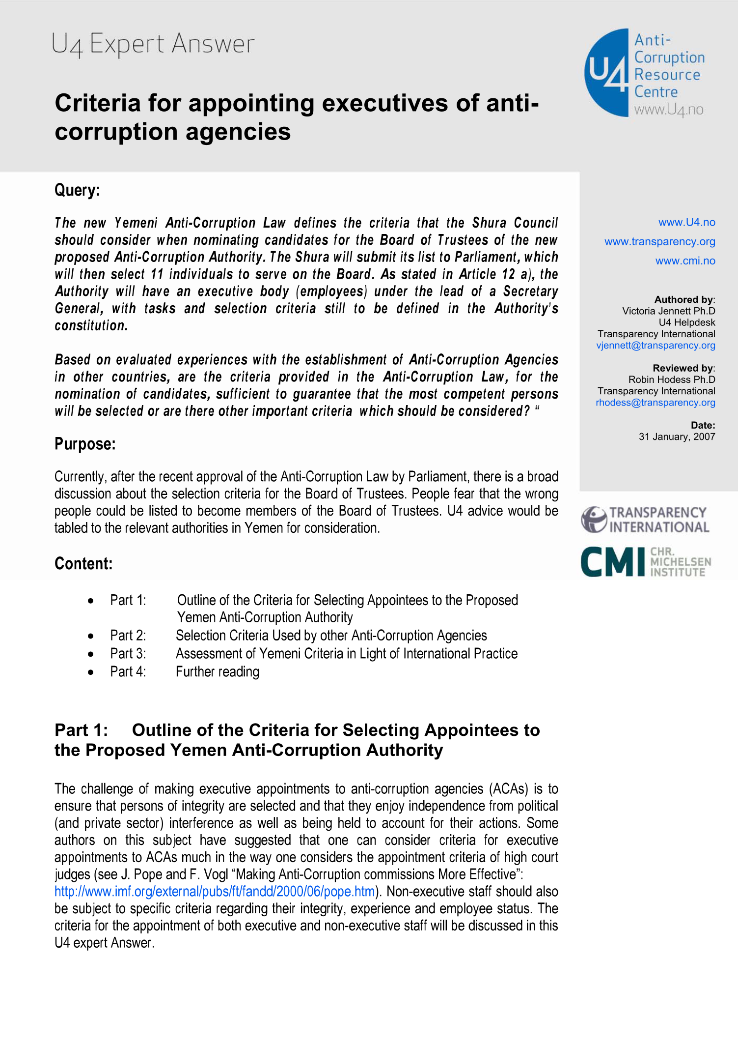 Criteria for appointing executives of anti-corruption agencies