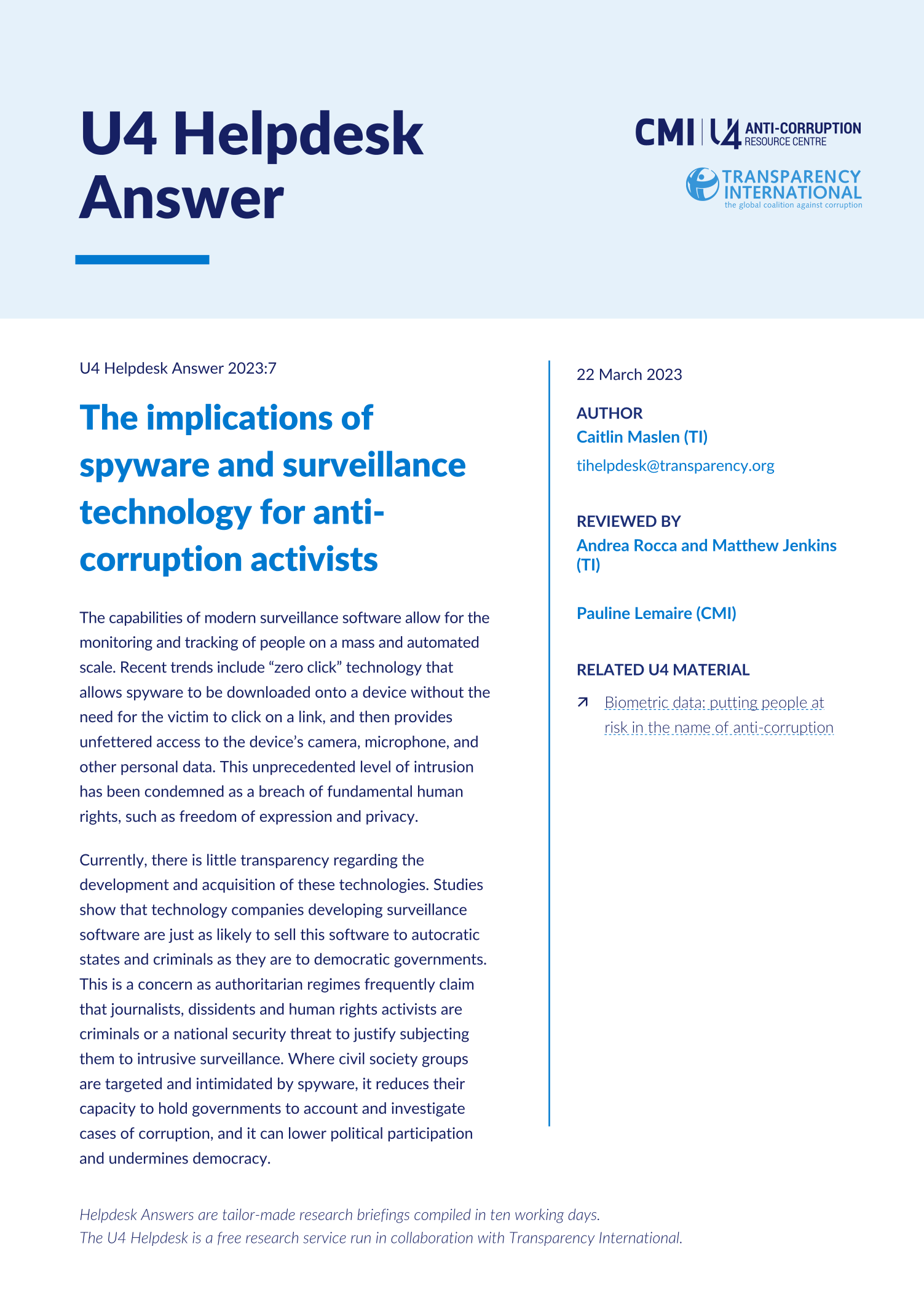 The implications of spyware and surveillance technology for anti-corruption activists