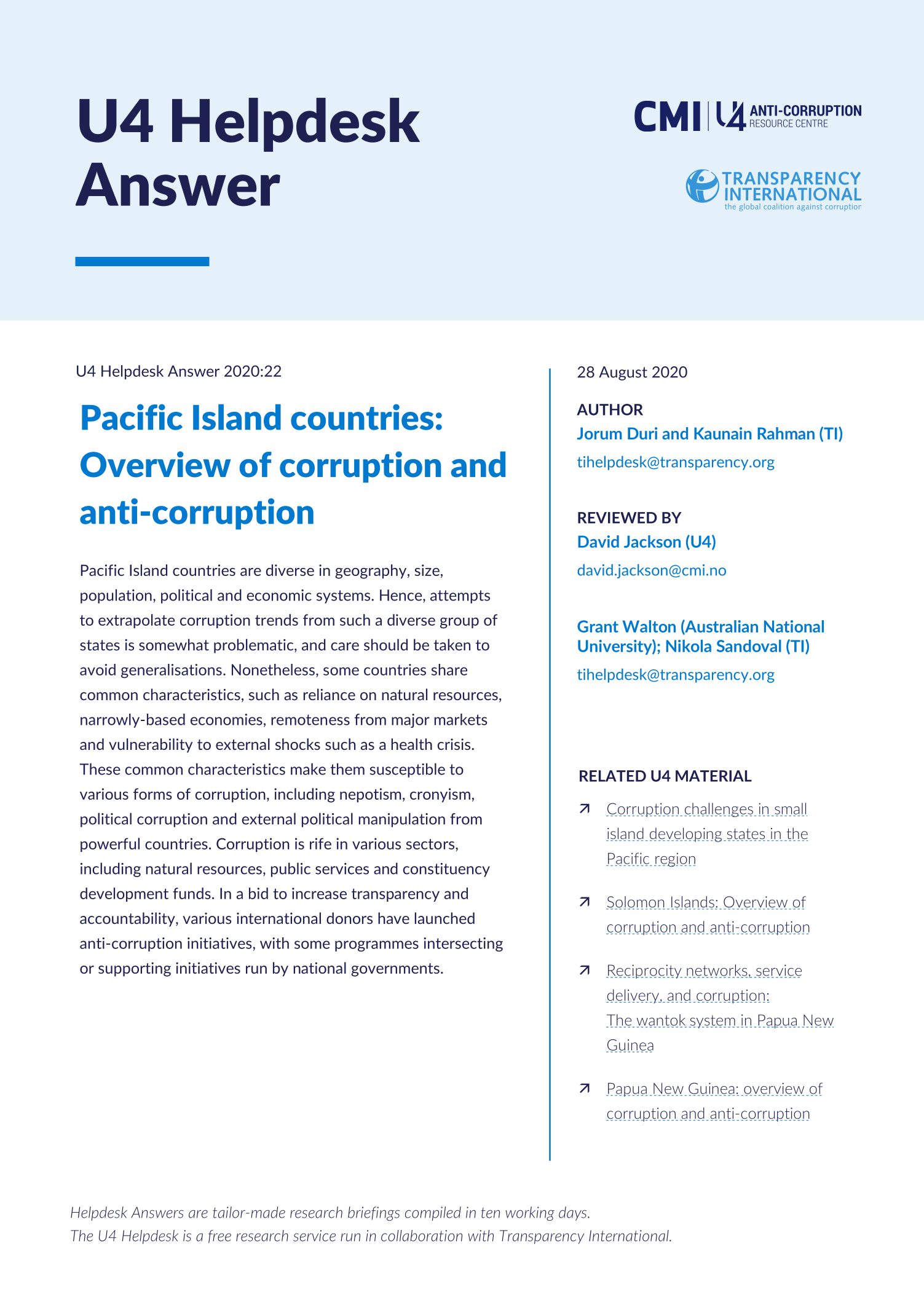 Pacific Island countries: Overview of corruption and anti-corruption