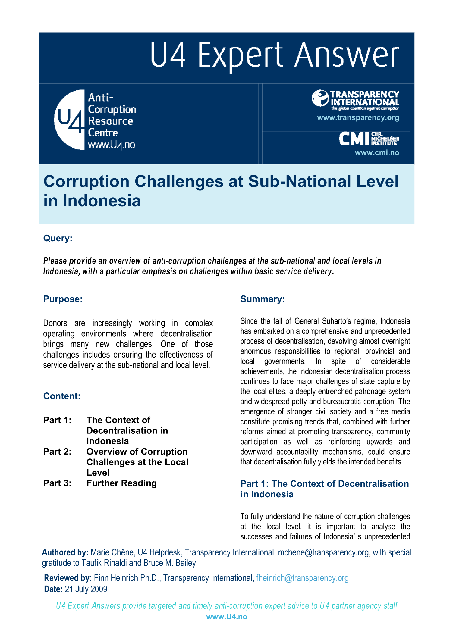 Corruption challenges at sub-national level in Indonesia