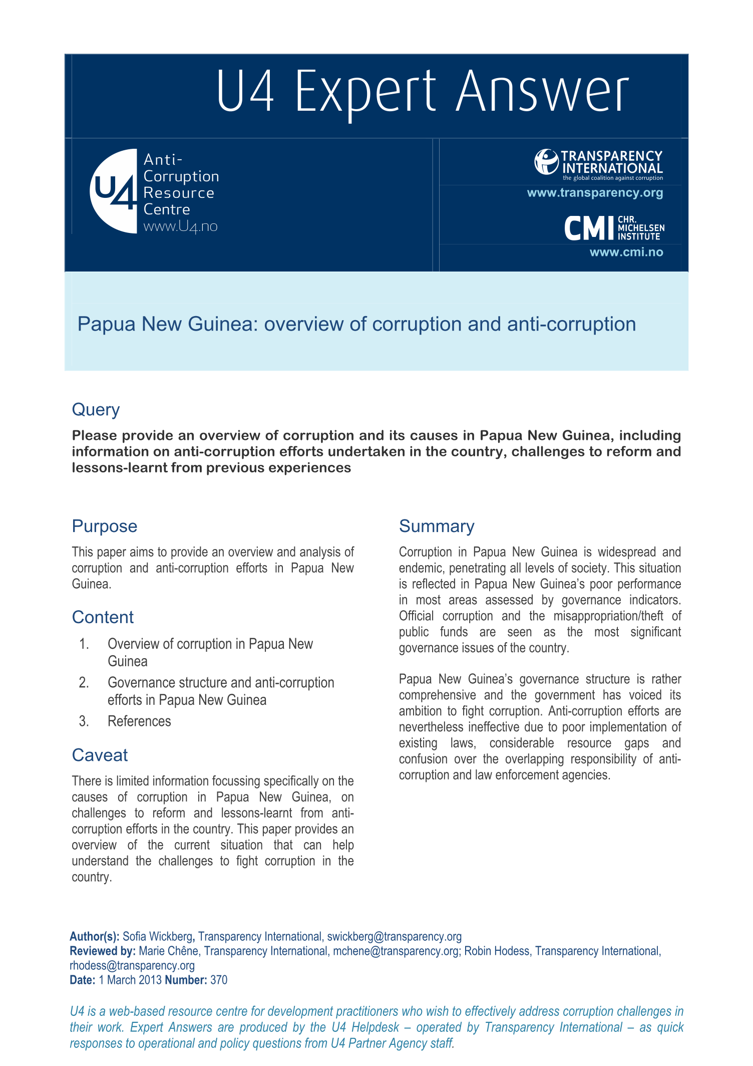 Papua New Guinea: overview of corruption and anti-corruption
