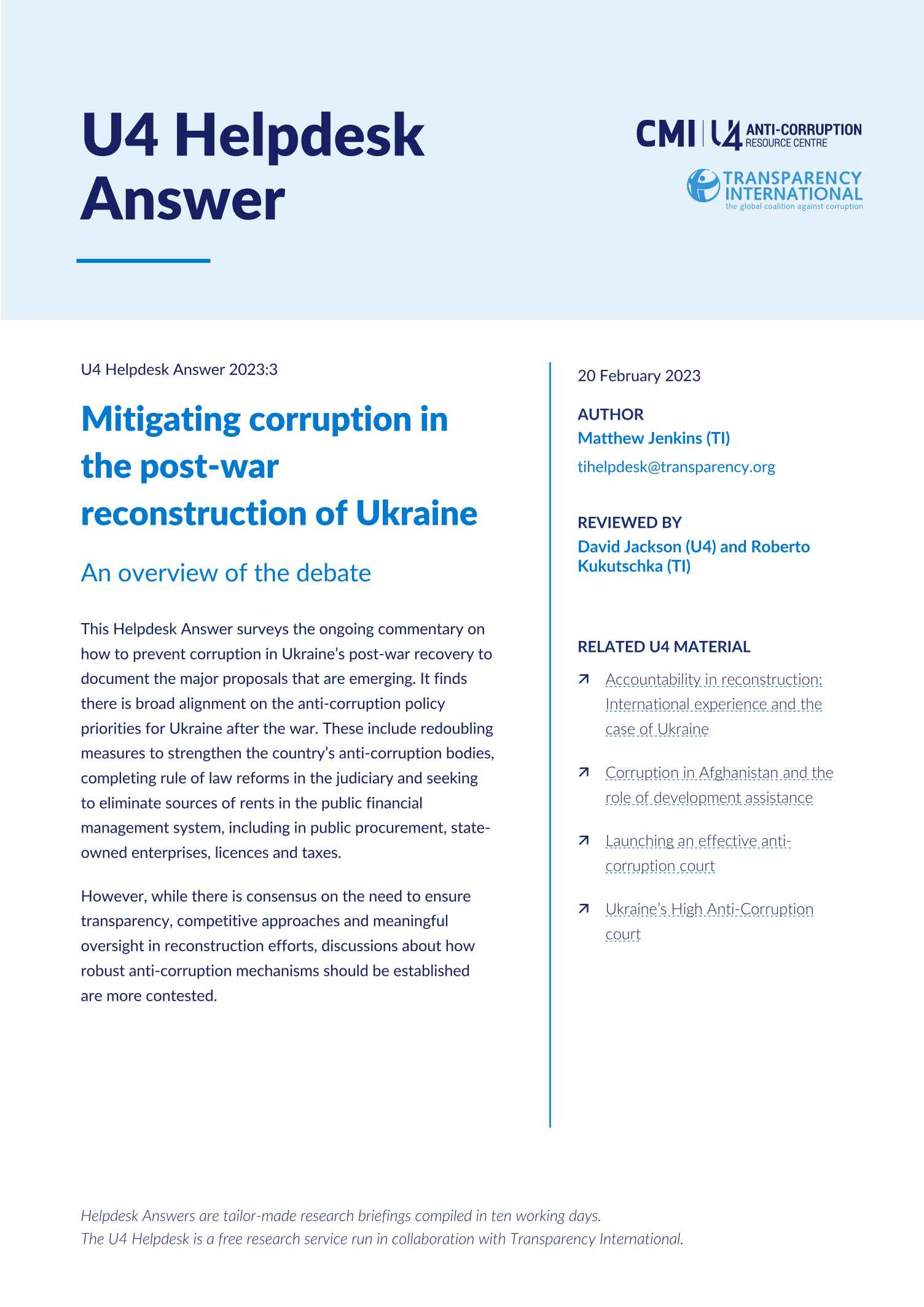 Mitigating corruption in the post-war reconstruction of Ukraine