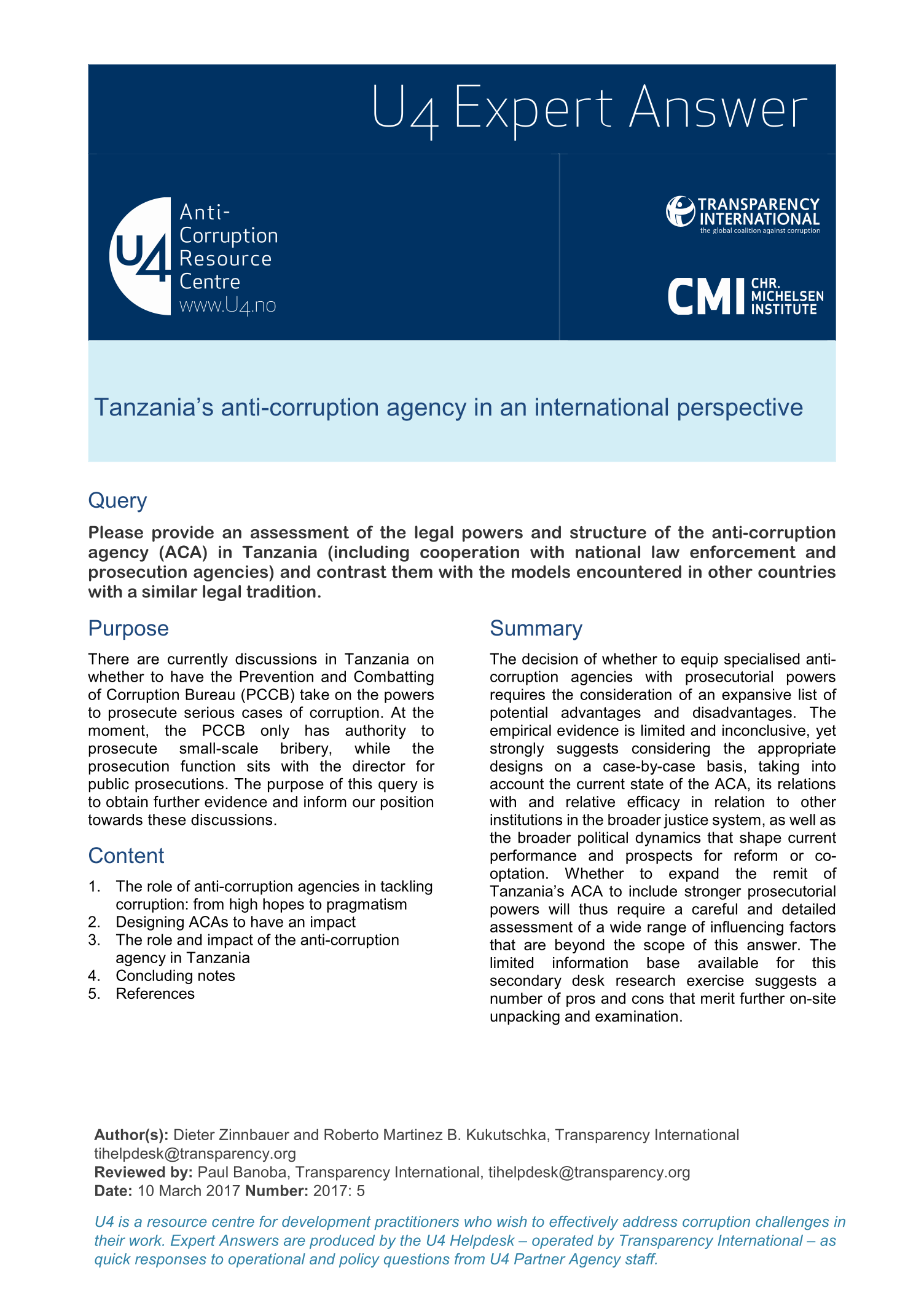 Tanzania’s anti-corruption agency in an international perspective 