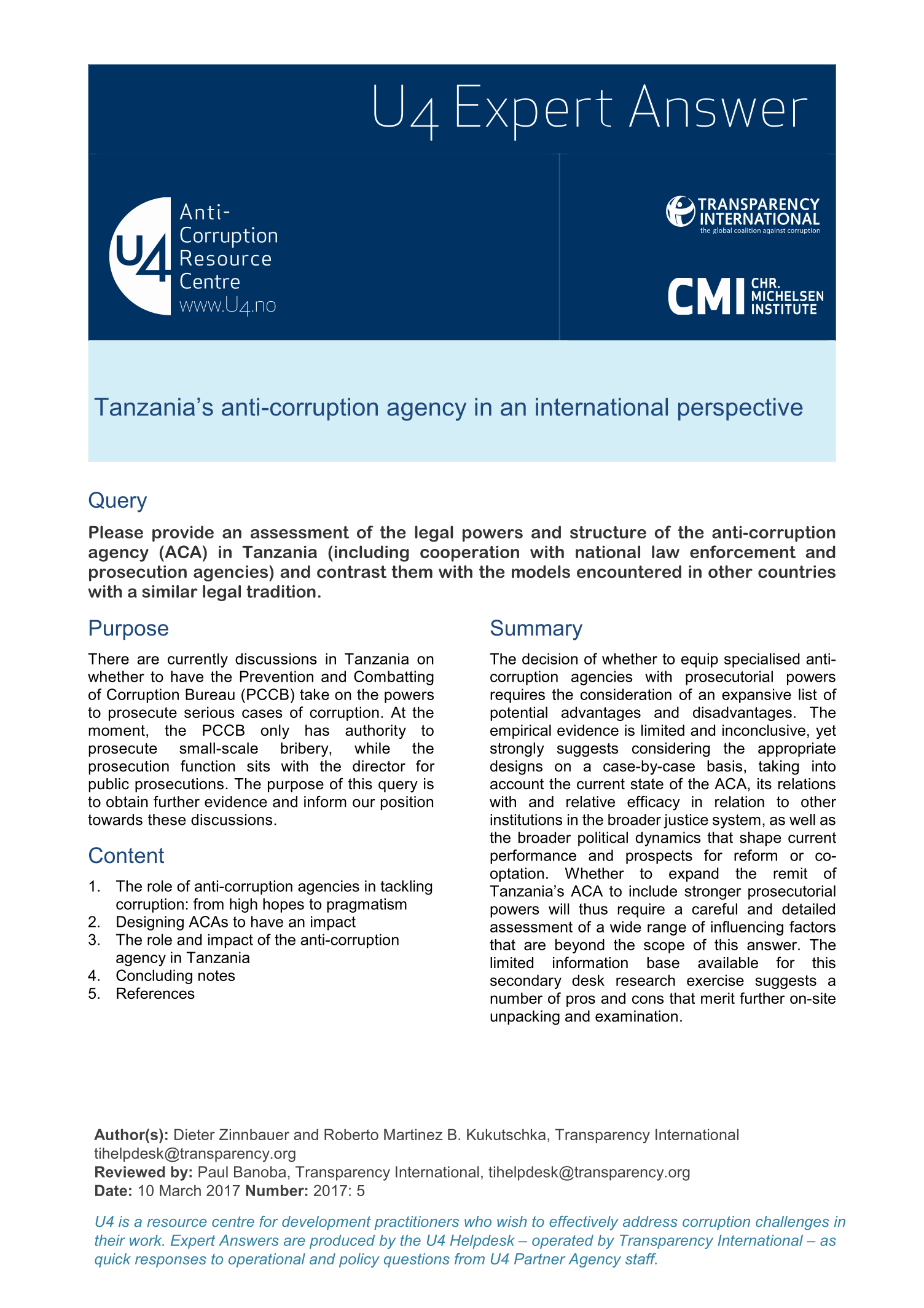 Tanzania’s anti-corruption agency in an international perspective
