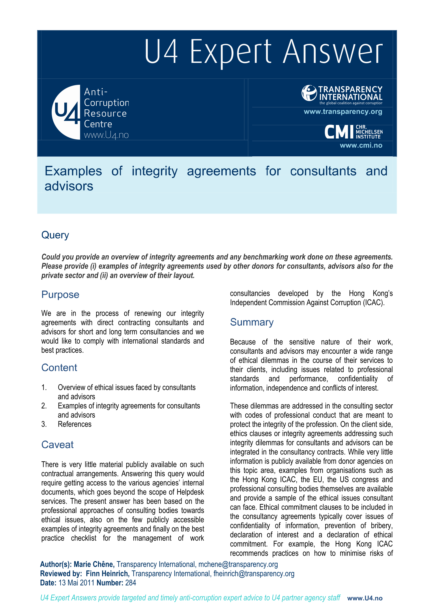 Examples of integrity agreements for consultants and advisors