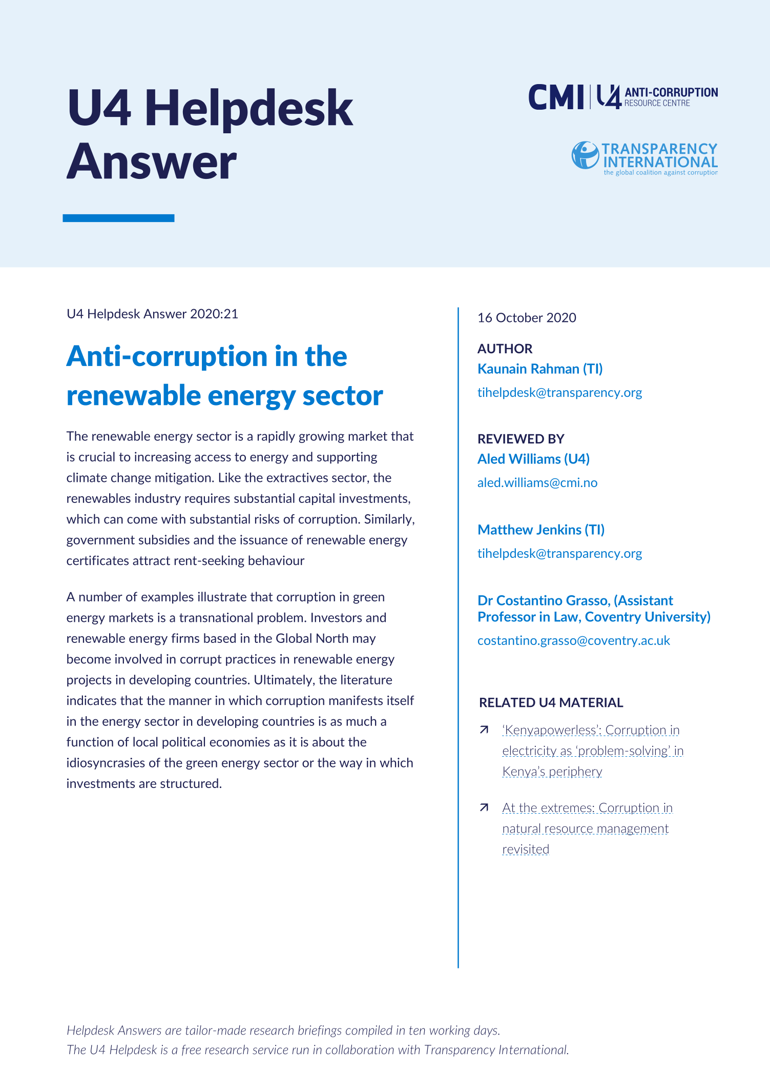 Anti-corruption in the renewable energy sector