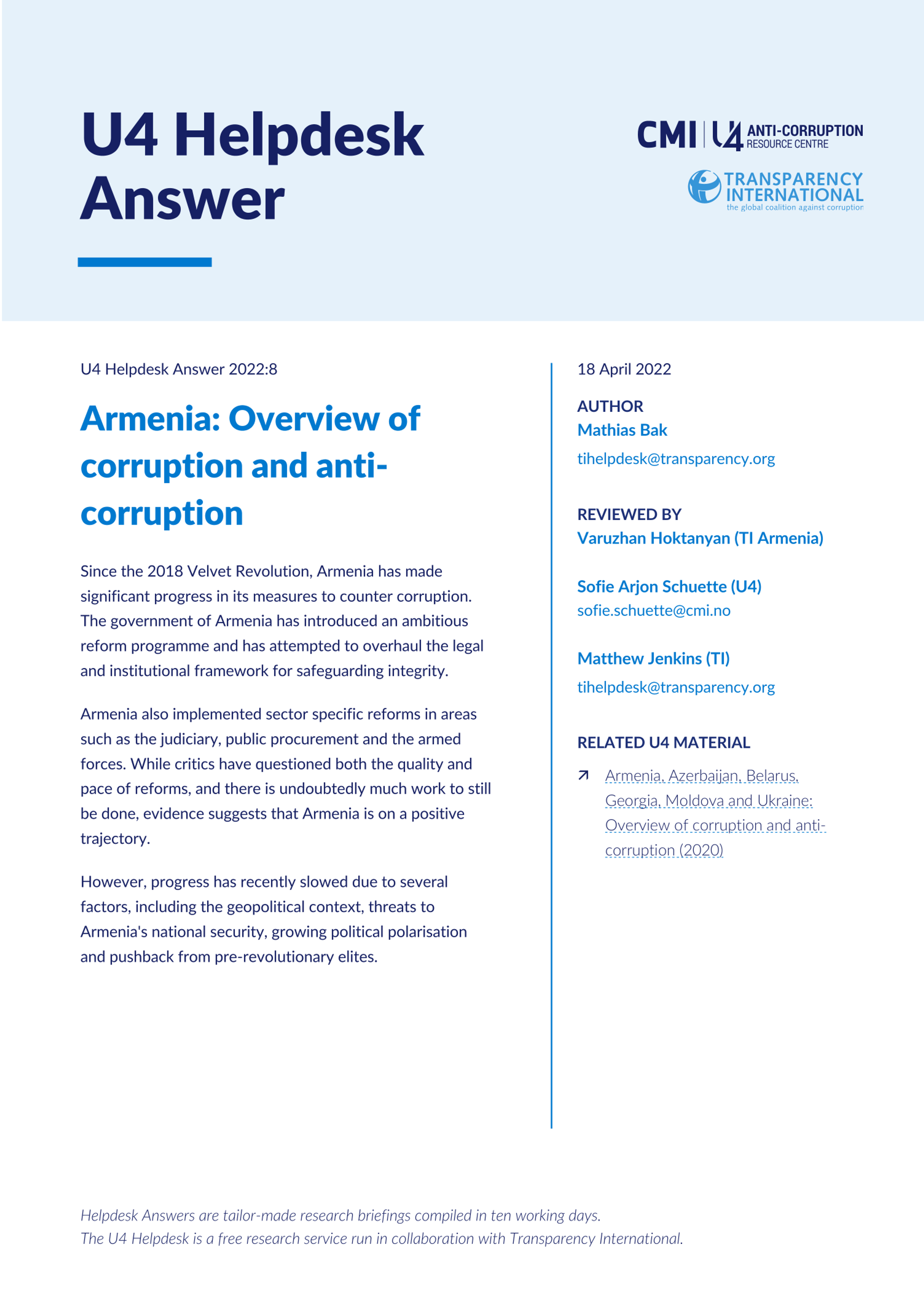 Armenia: Overview of corruption and anti-corruption