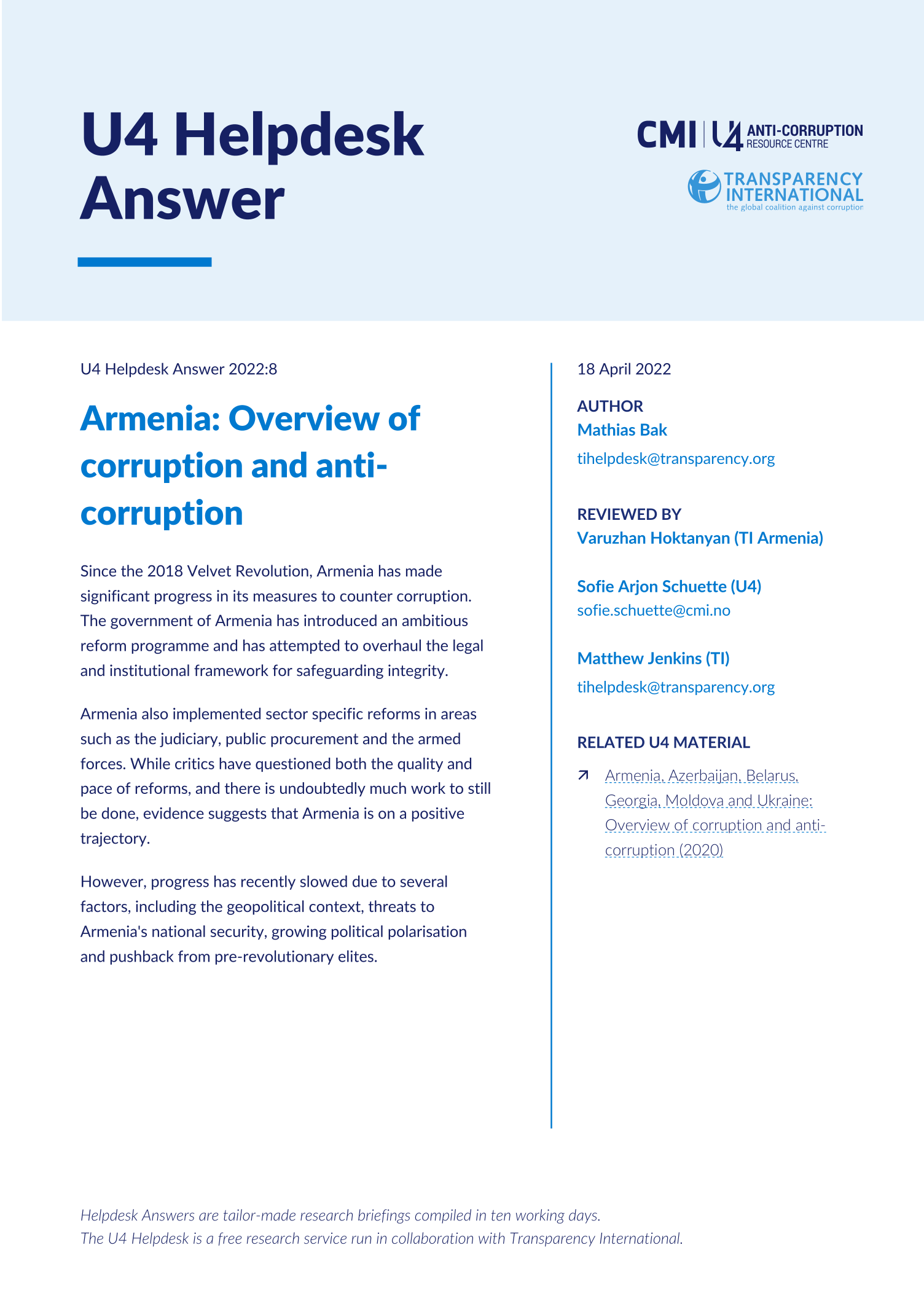 Armenia: Overview of corruption and anti-corruption