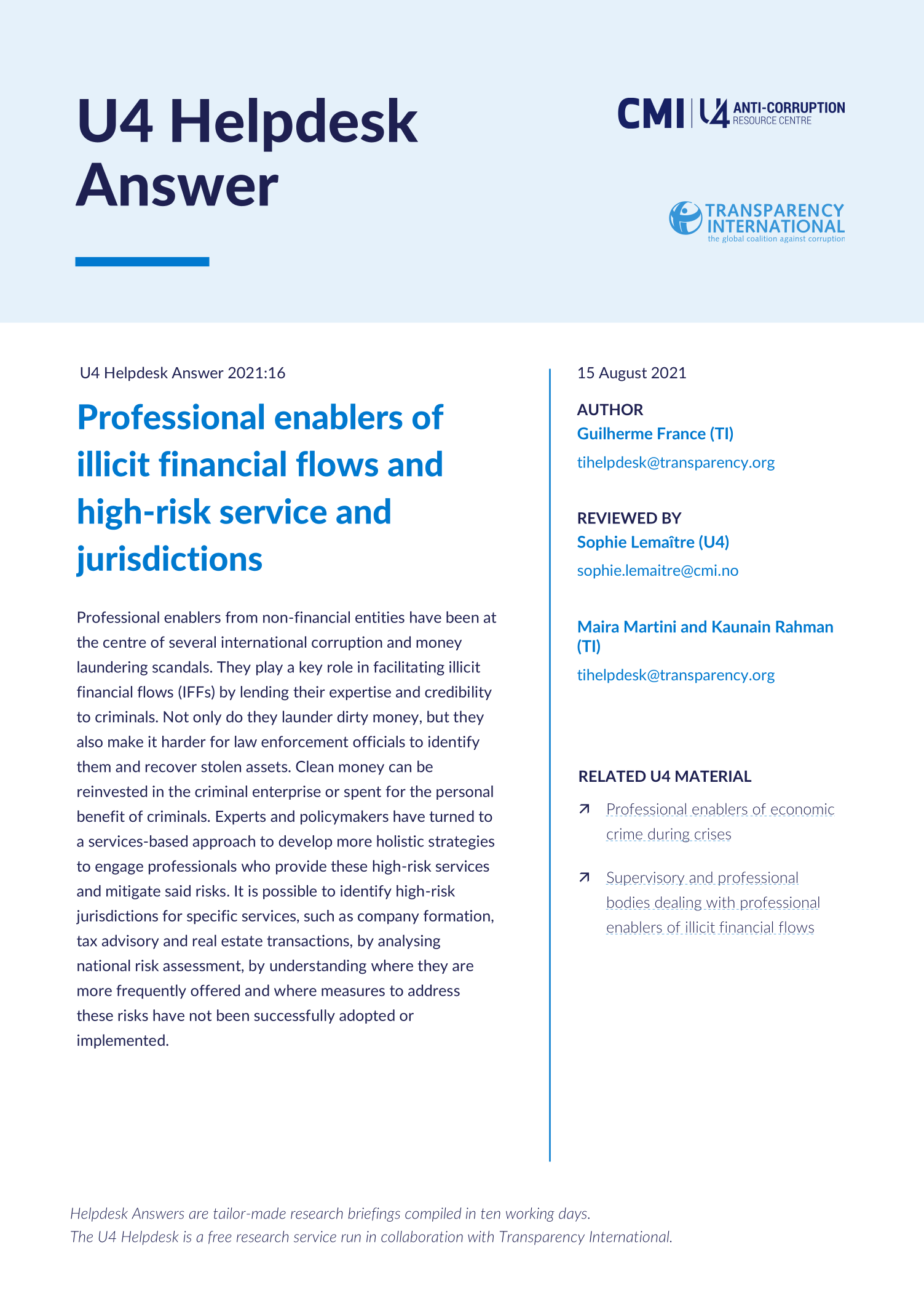 Professional enablers of illicit financial flows and high-risk service and jurisdictions