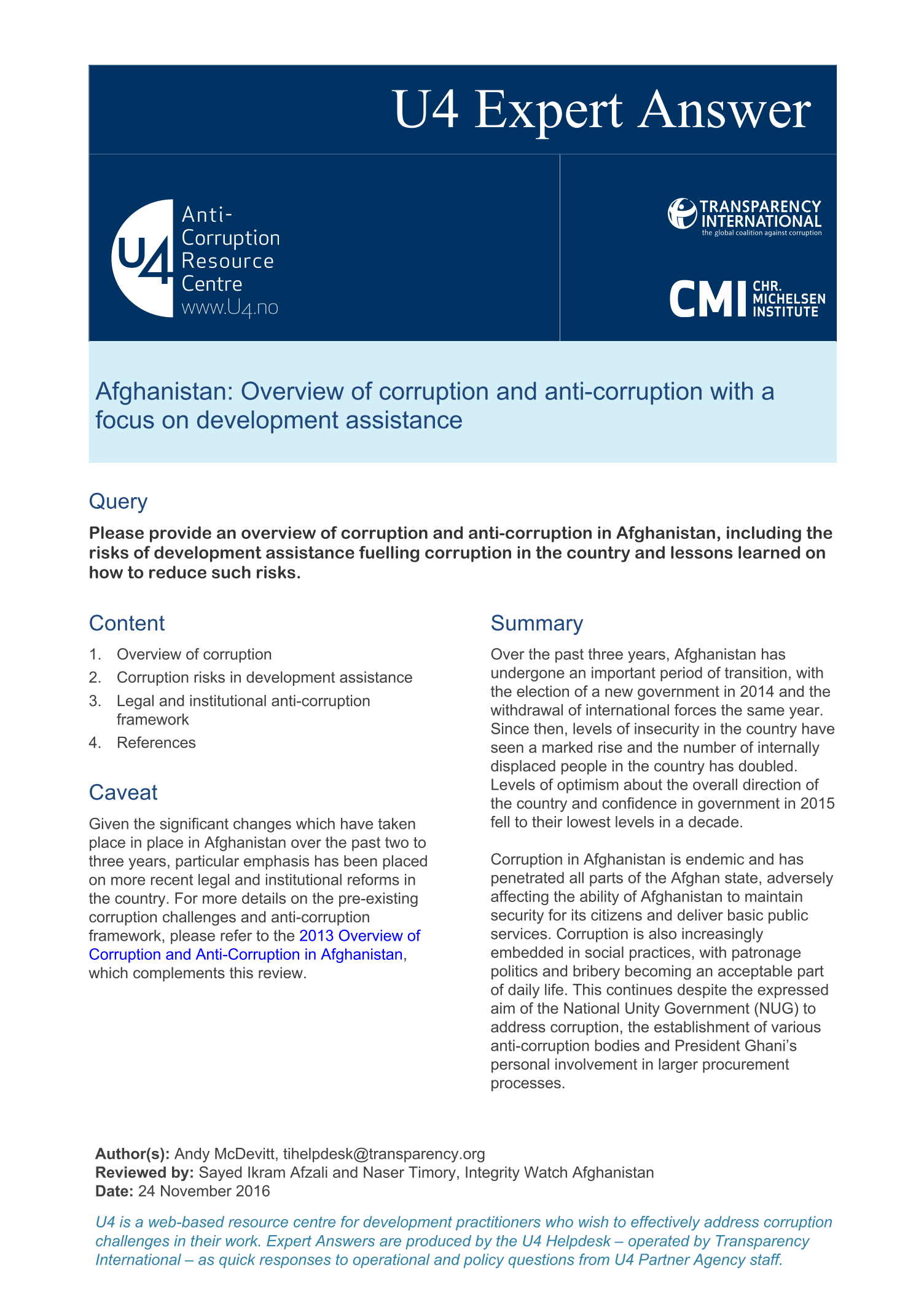 Afghanistan: Overview of corruption and anti-corruption with a focus on development assistance