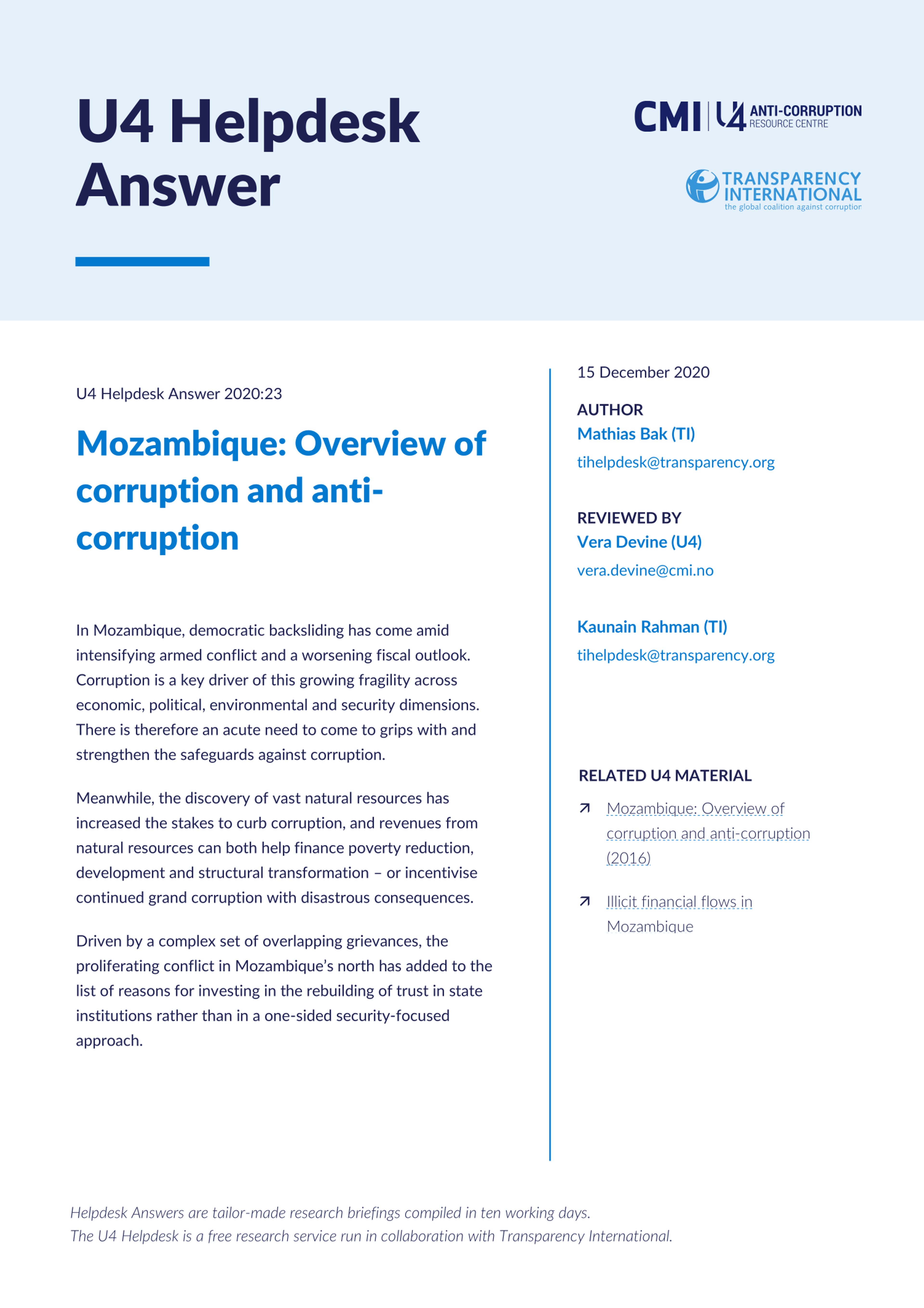 Mozambique: Overview of corruption and anti-corruption