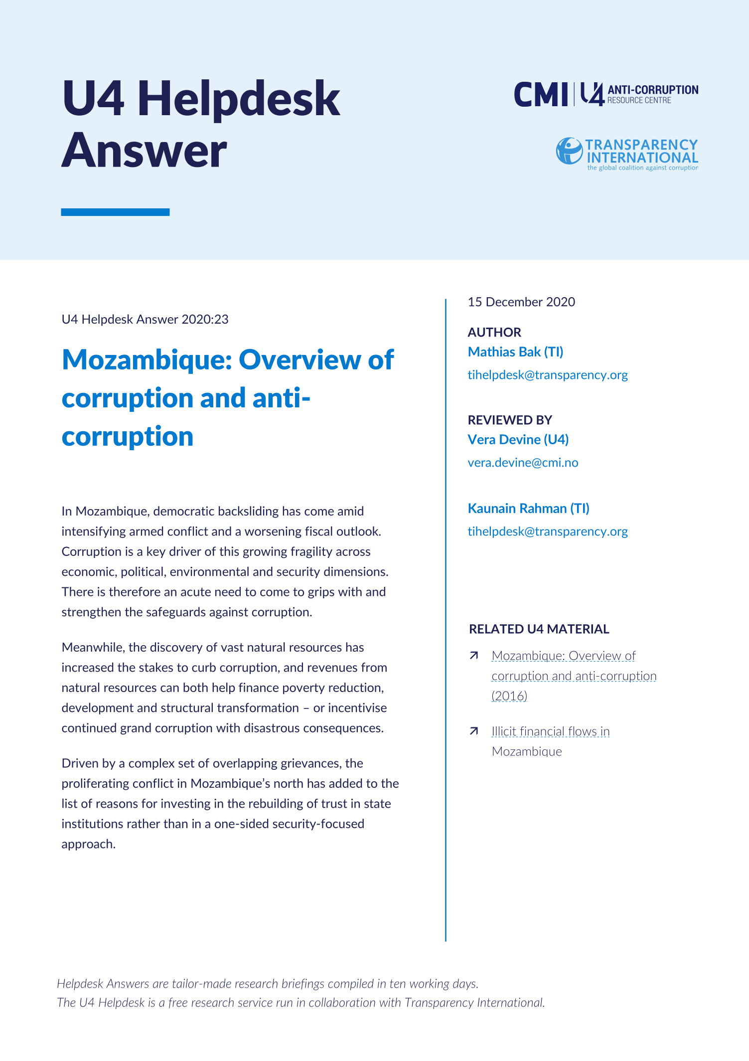 Mozambique: Overview of corruption and anti-corruption