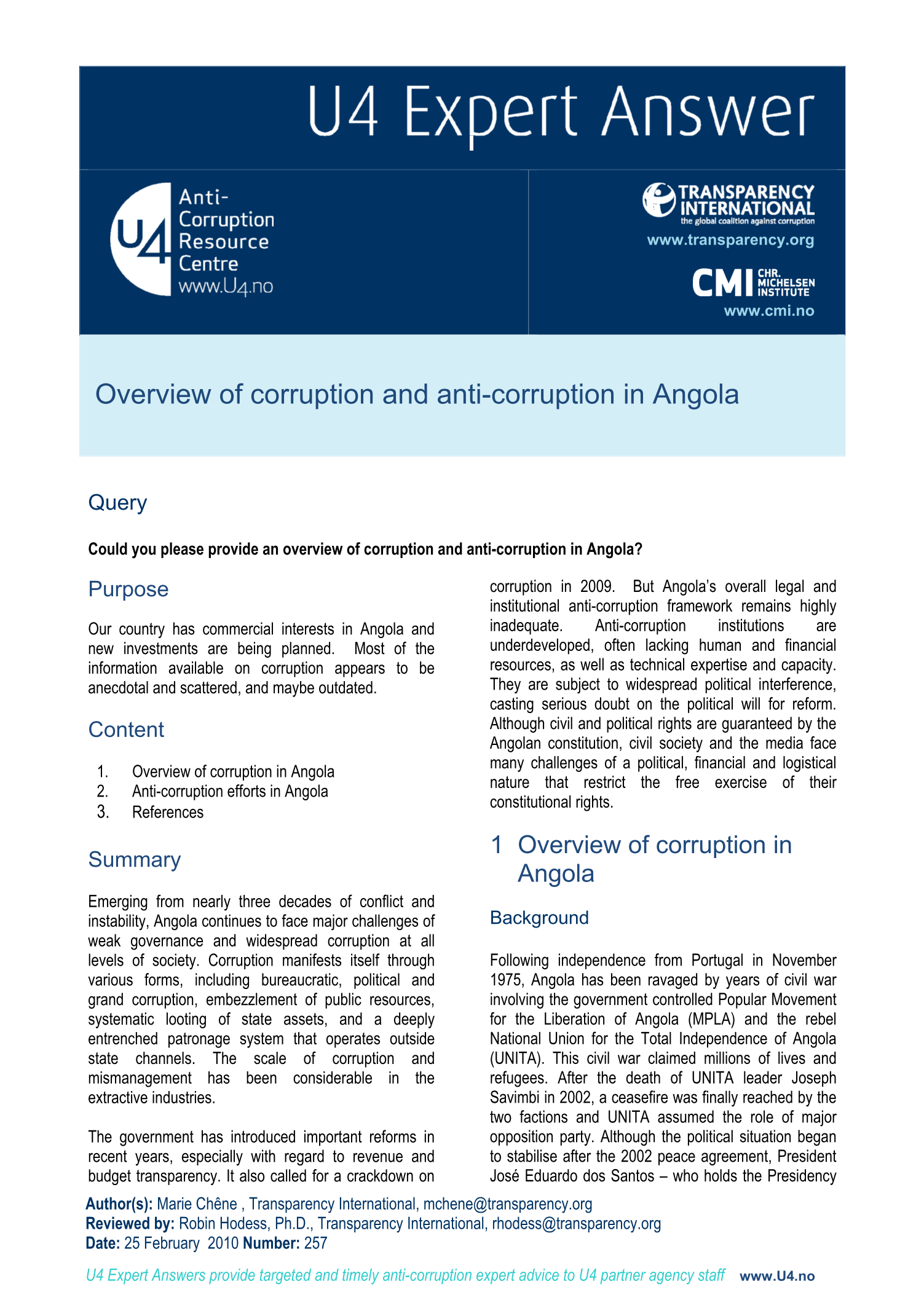 Overview of corruption and anti-corruption in Angola