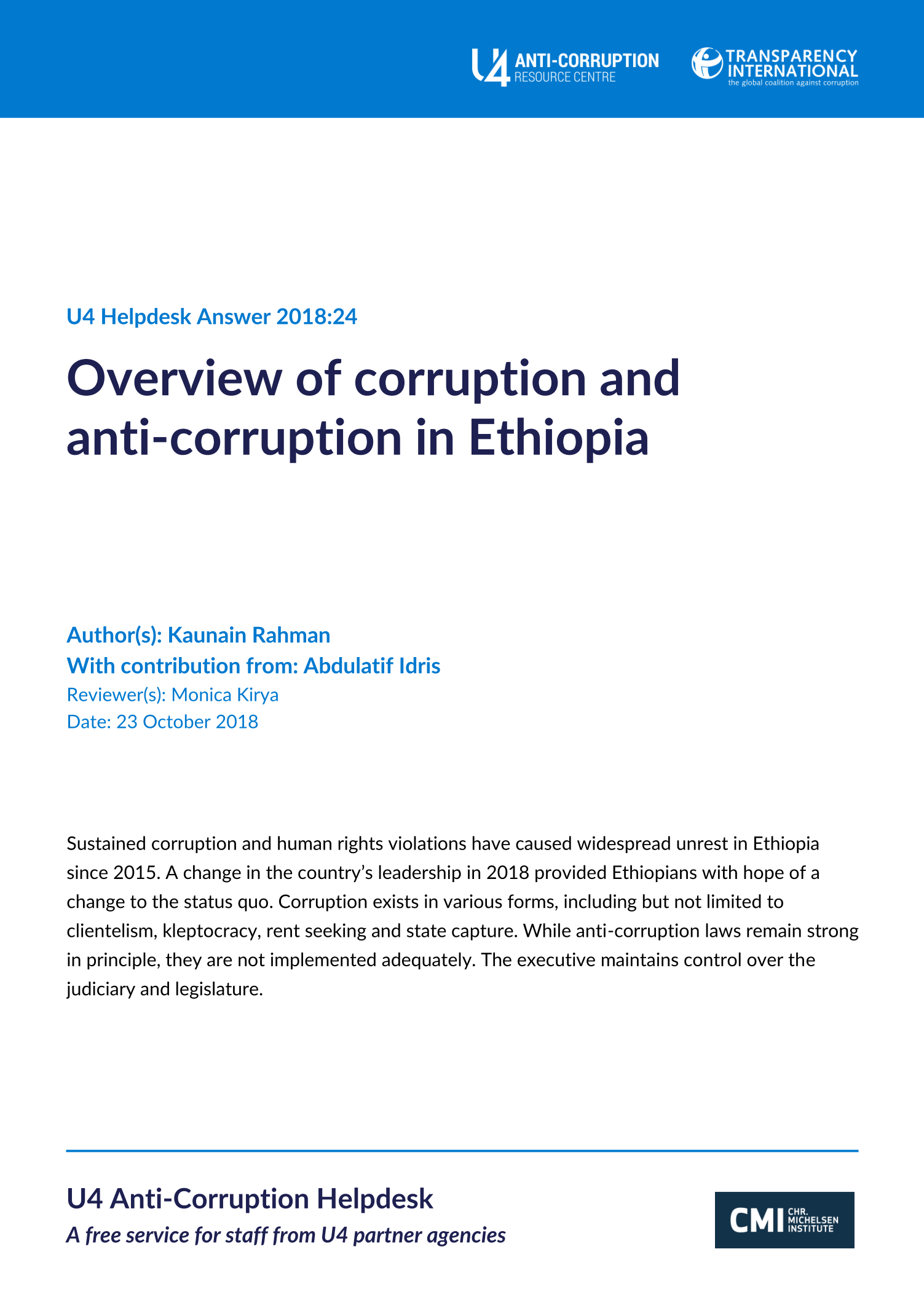 Overview of corruption and anti-corruption in Ethiopia