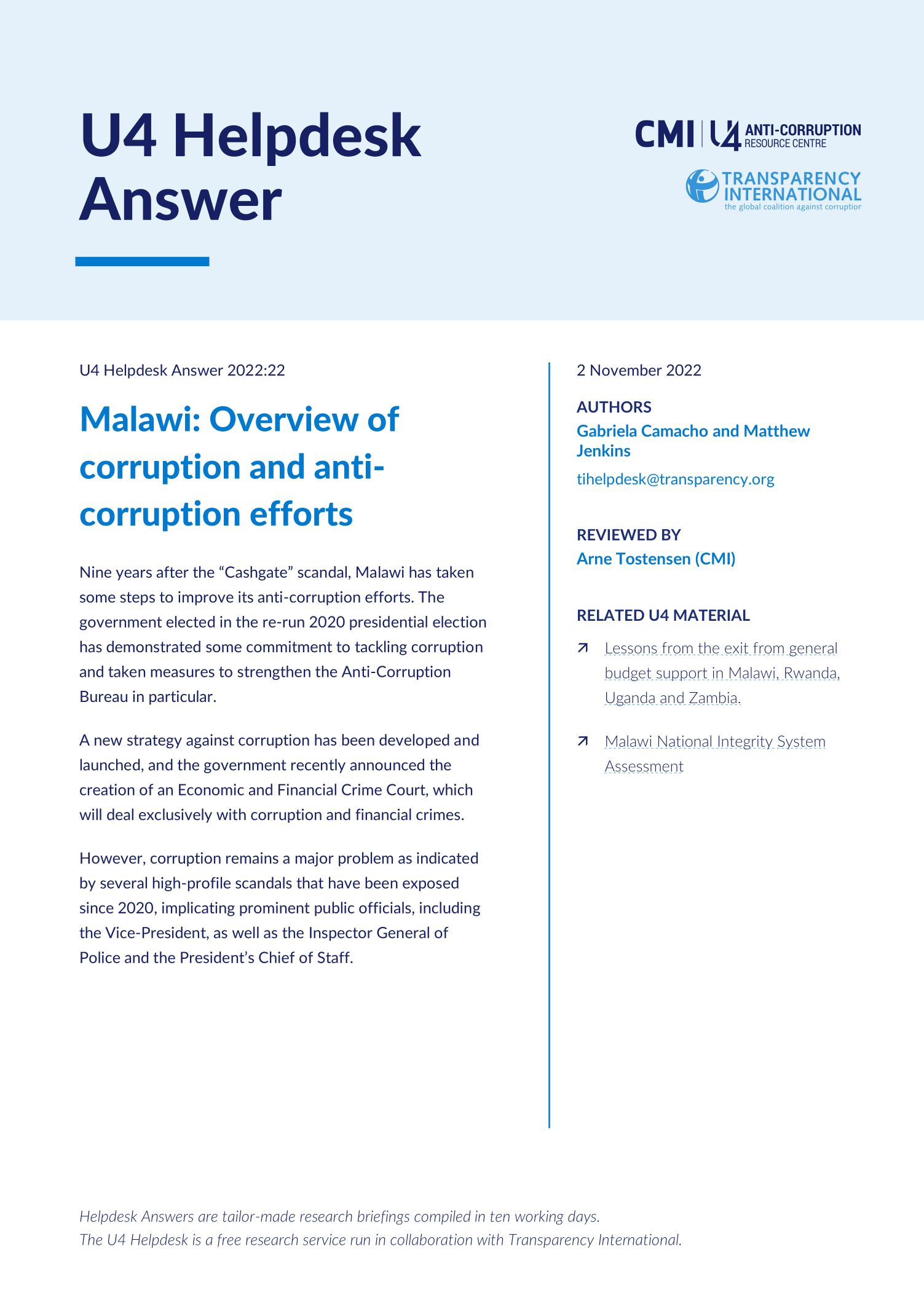 Malawi: Overview of corruption and anti-corruption efforts