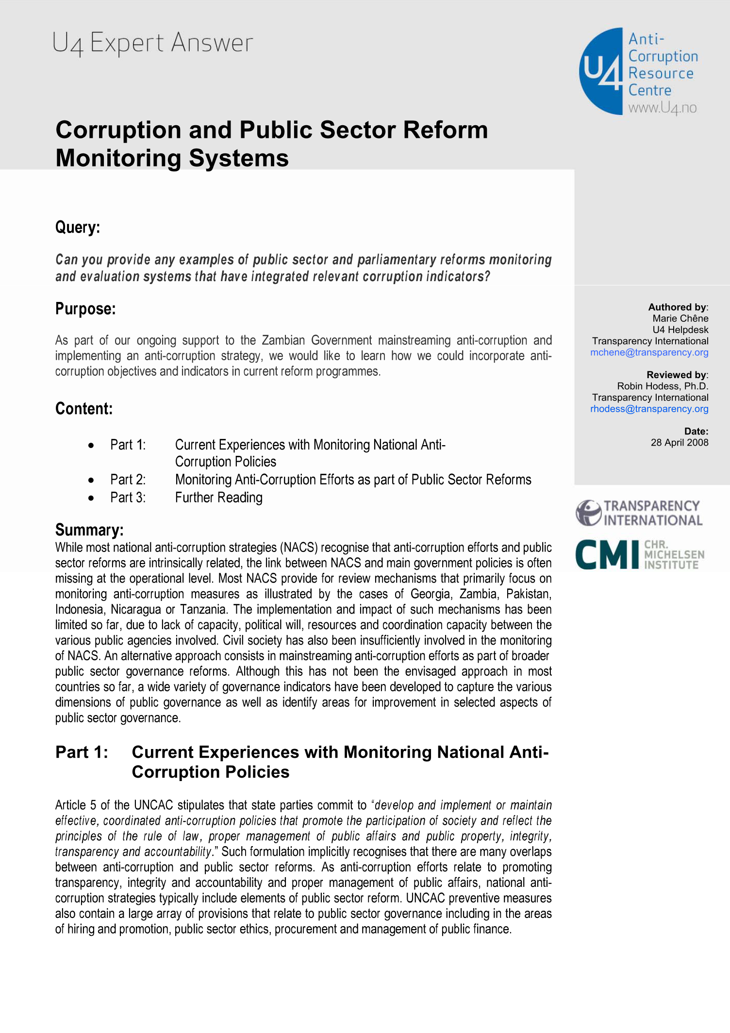Corruption and public sector reform monitoring systems