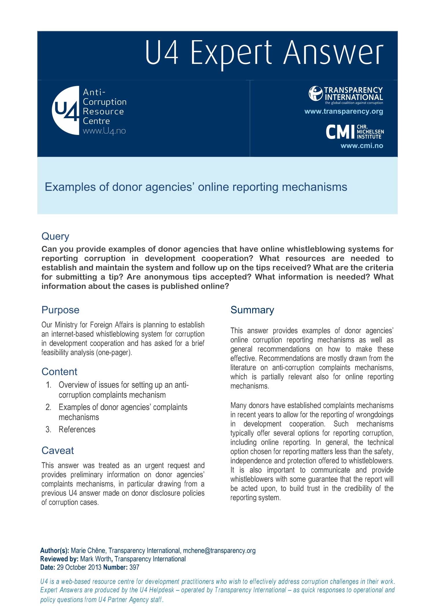 Examples of donor agencies’ online reporting mechanisms