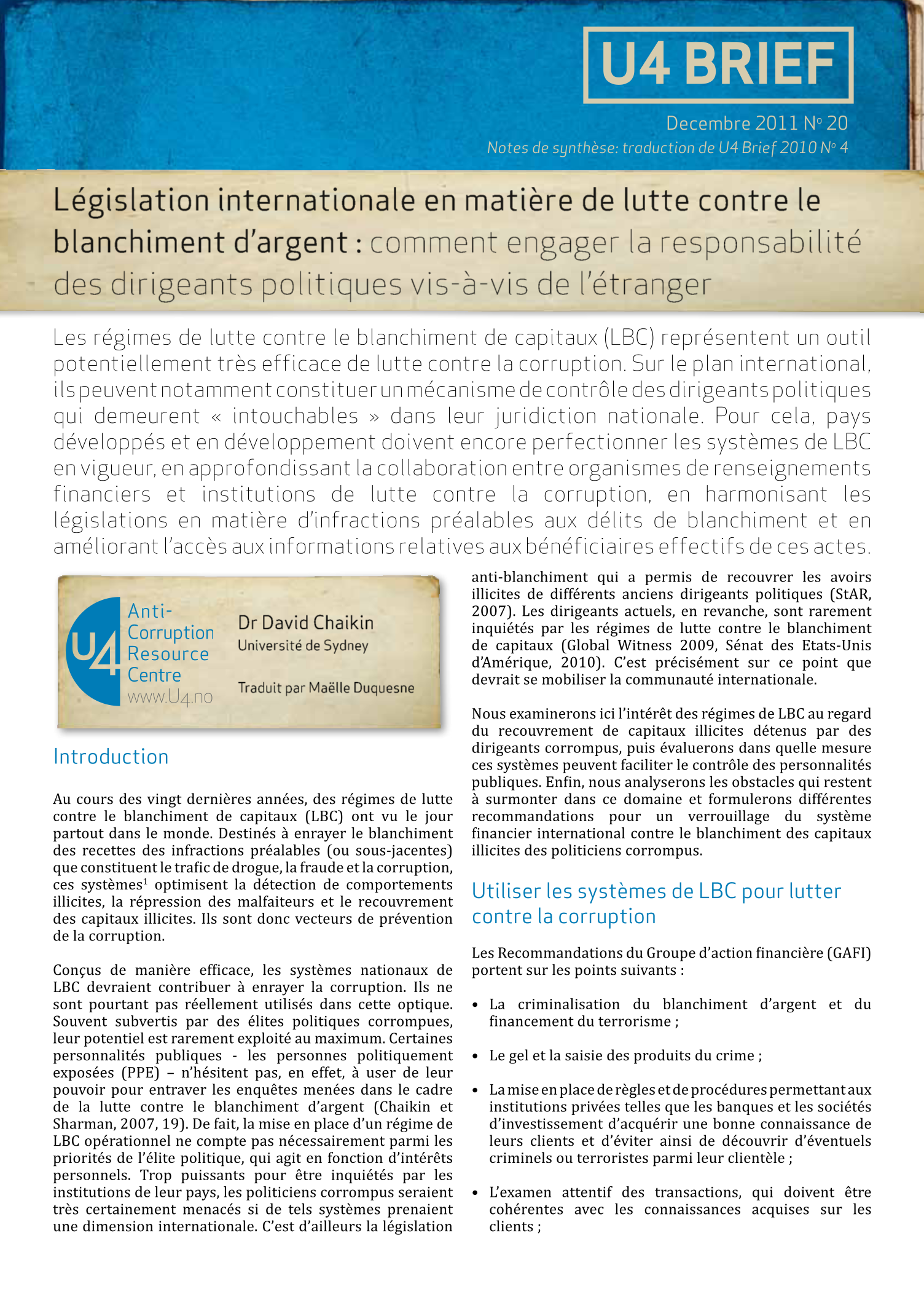 Législation internationale en matière de lutte contre le blanchiment d'argent : comment engager la responsabilité des dirigeants politiques vis-à-vis de l'étranger