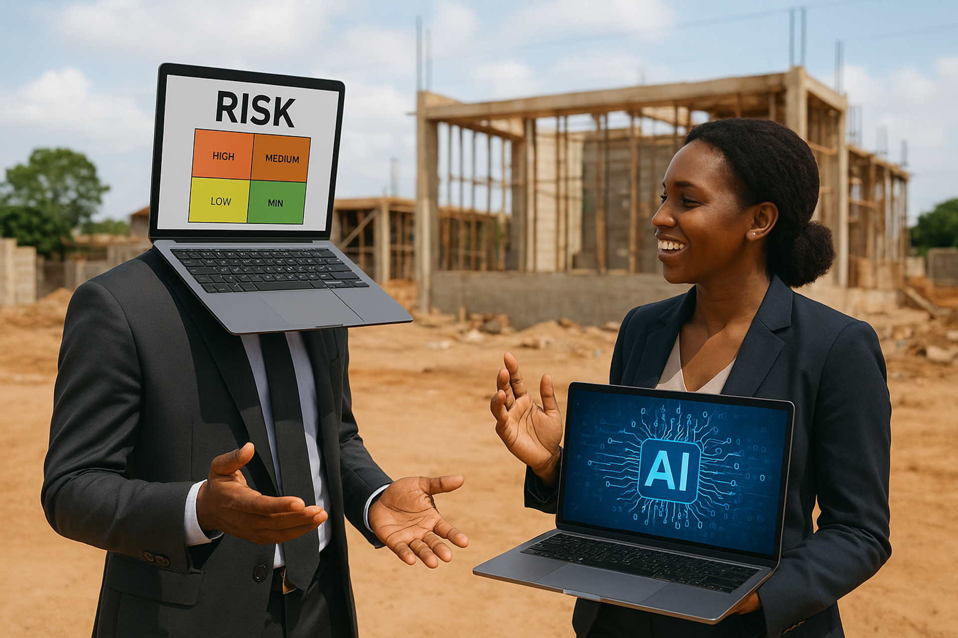 A photorealistic image, generated by AI, showing a man whose head has been replaced by a laptop. The laptop screen is showing a simple risk matrix (high, low, medium, minimum). He is facing a woman holding a laptop, which says "A.I." on the open screen.
