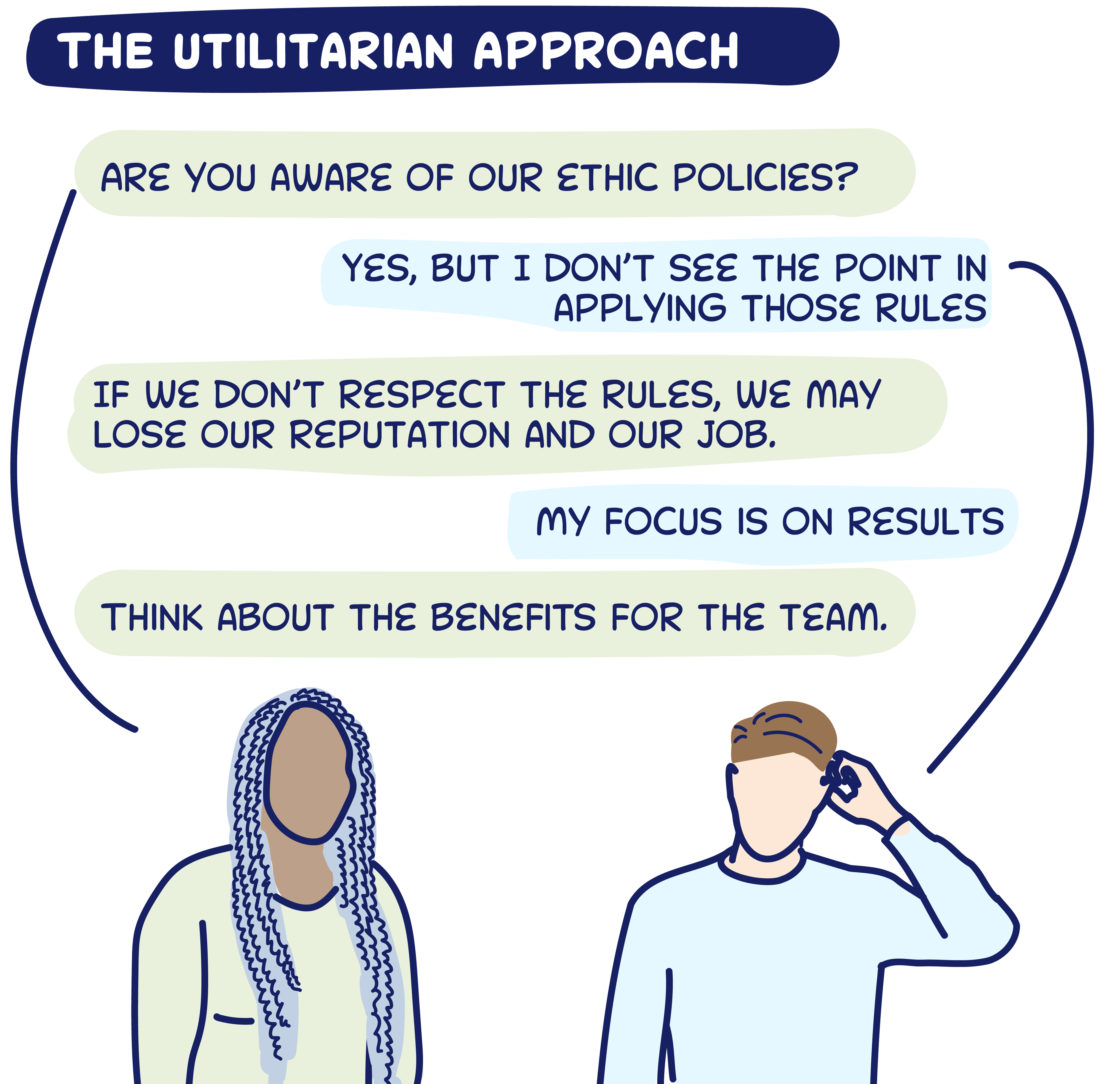 An illustrated conversation between two people.