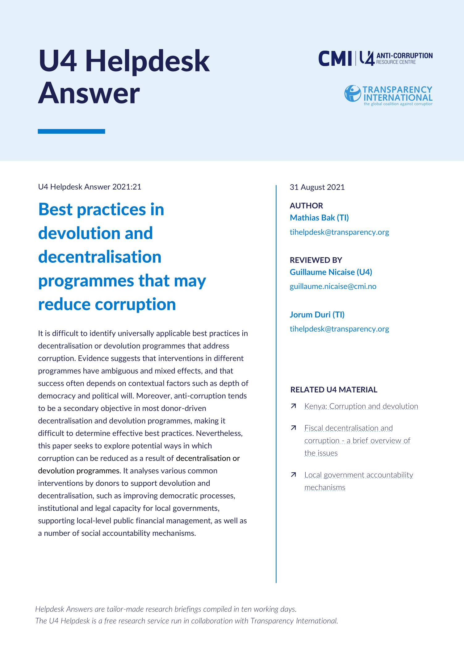 Best practices in devolution and decentralisation programmes that may reduce corruption