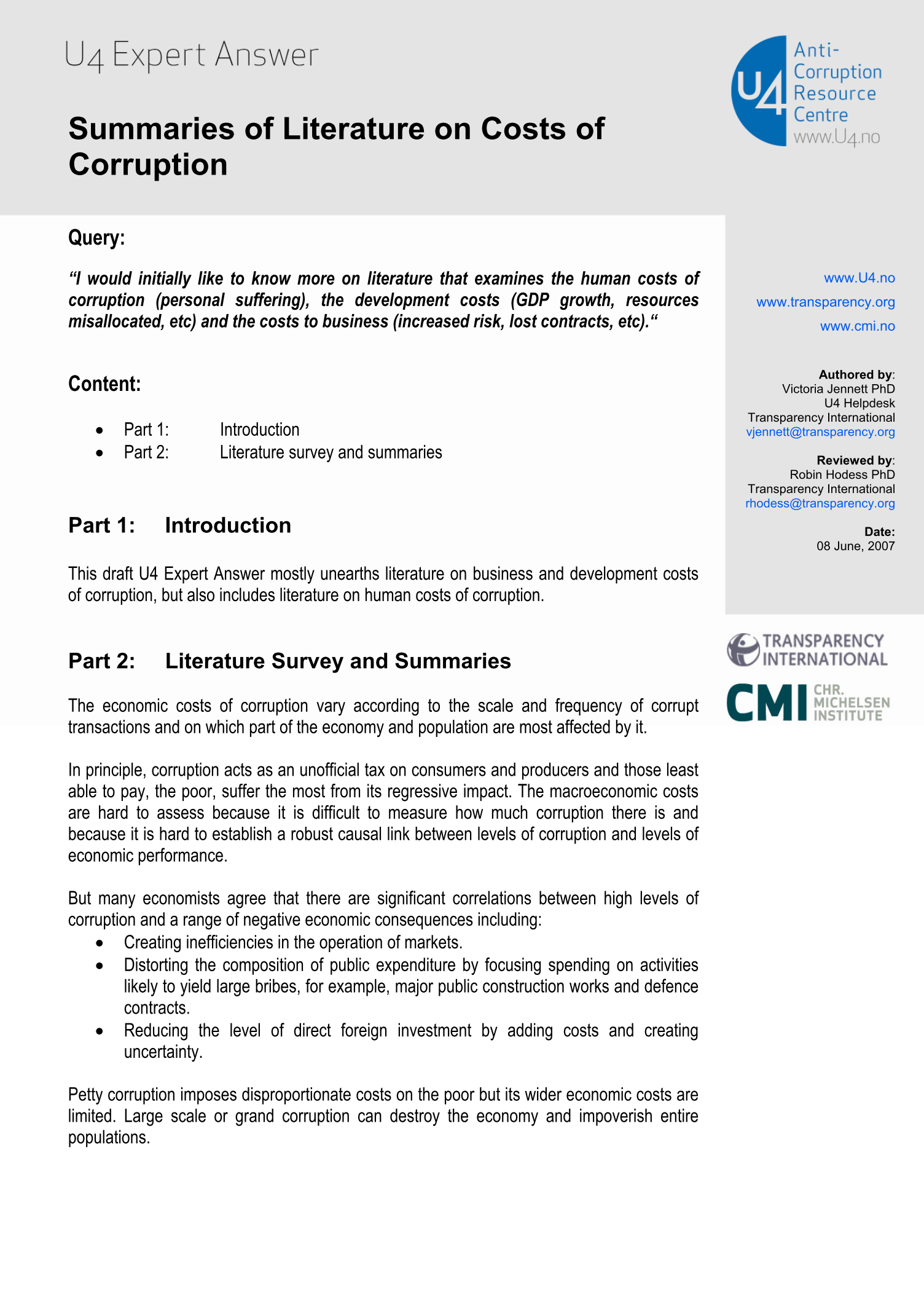 Summaries of literature on costs of corruption