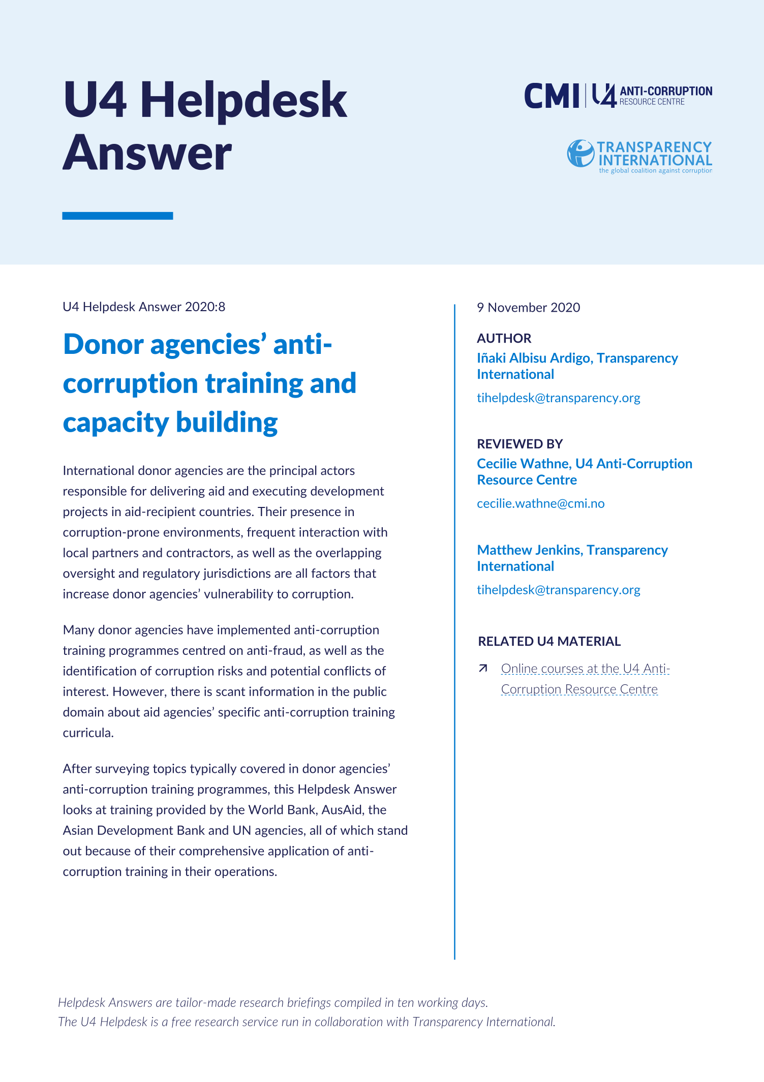 Donor agencies’ anti-coruption training and capacity building