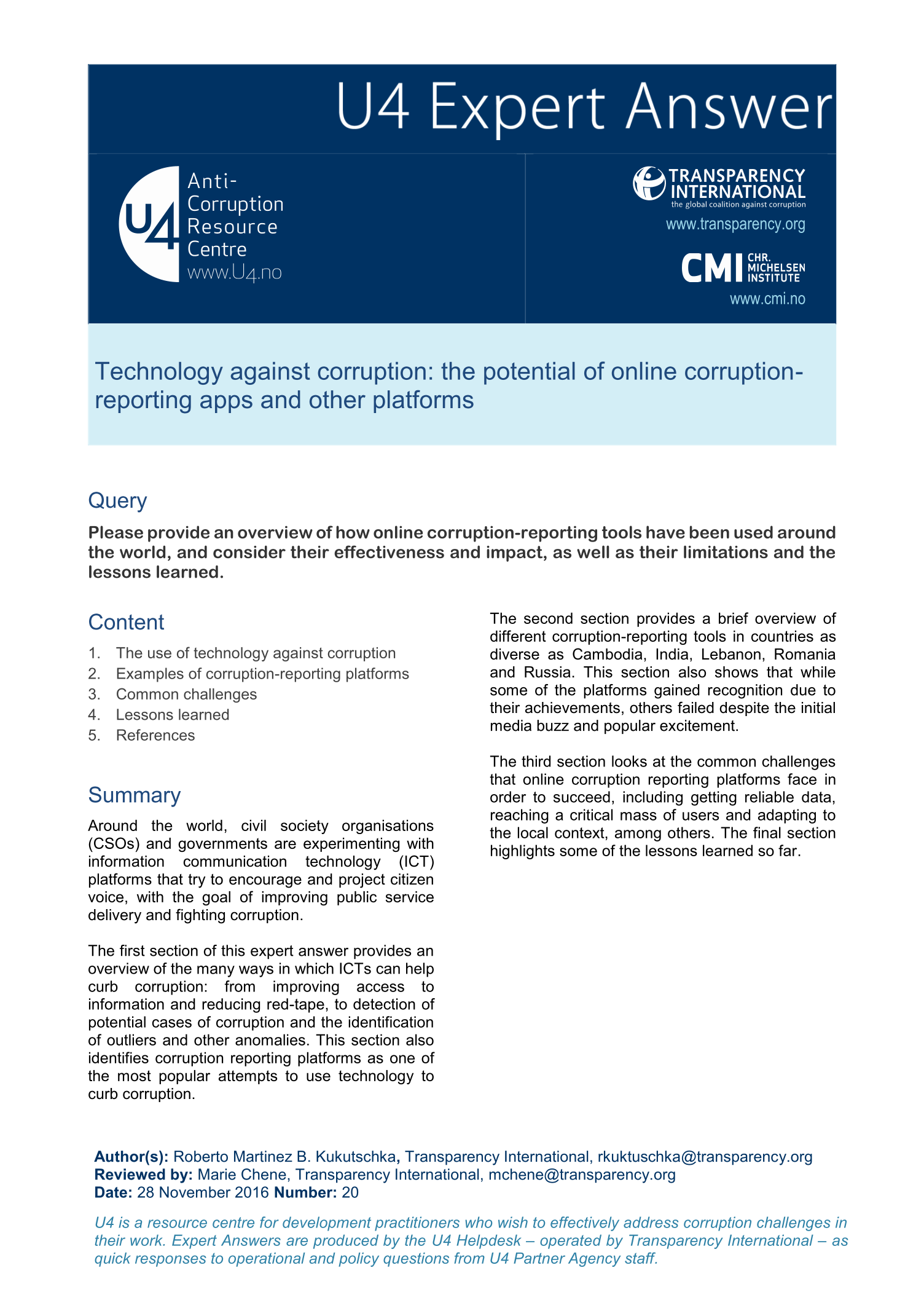 Technology against corruption: the potential of online corruption-reporting apps and other platforms