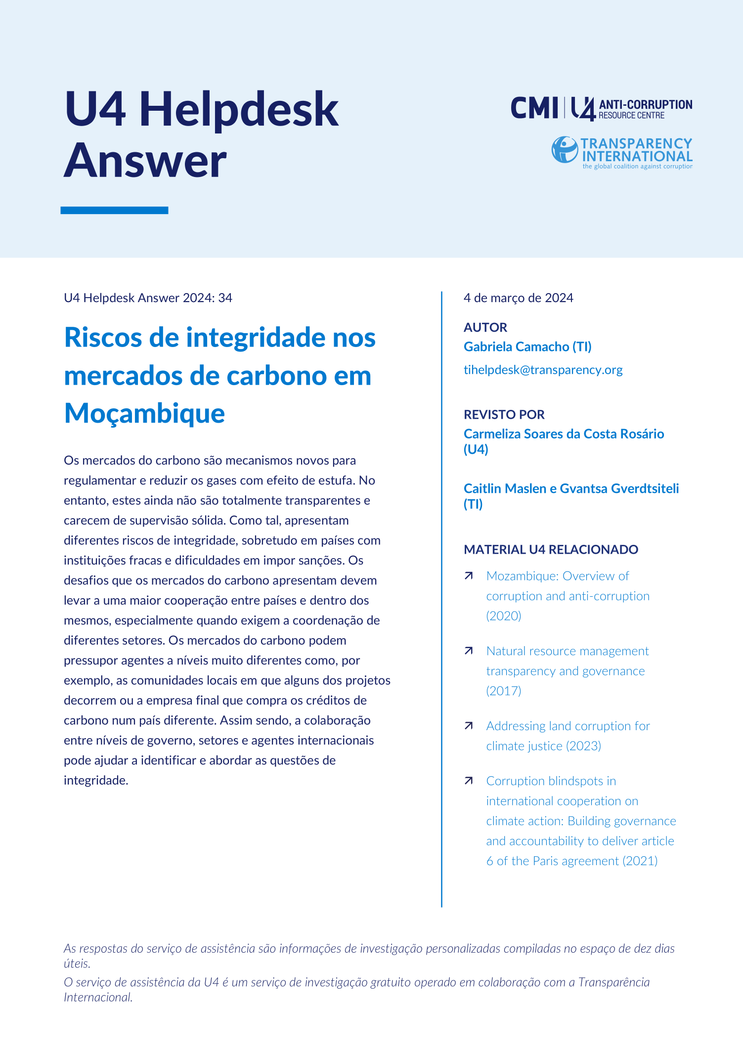 Riscos de integridade nos mercados de carbono em Moçambique