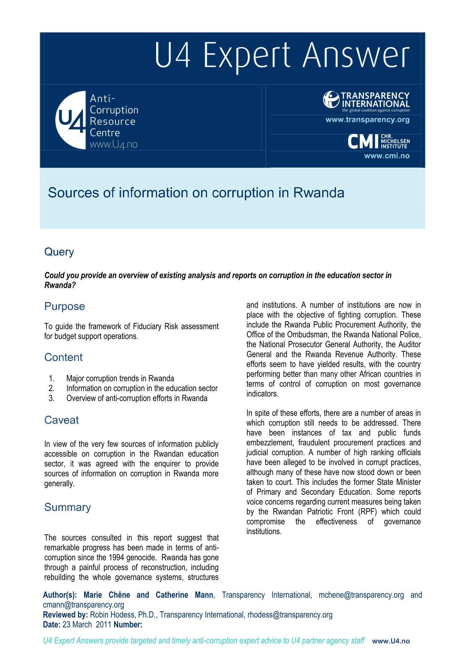 Sources of information on corruption in Rwanda