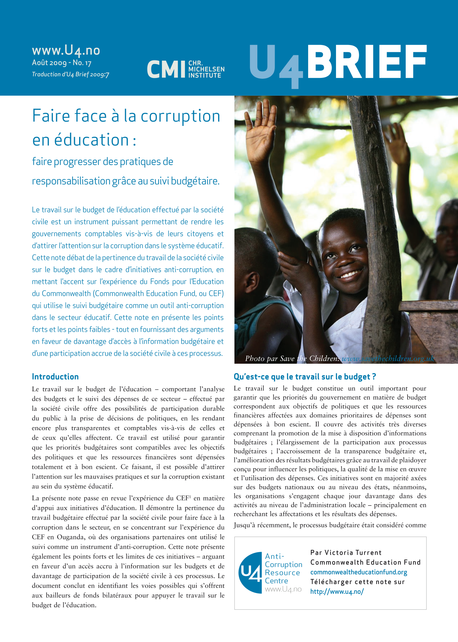 Faire face à la corruption en éducation : faire progresser des pratiques de responsabilisation grâce au suivi budgétaire.