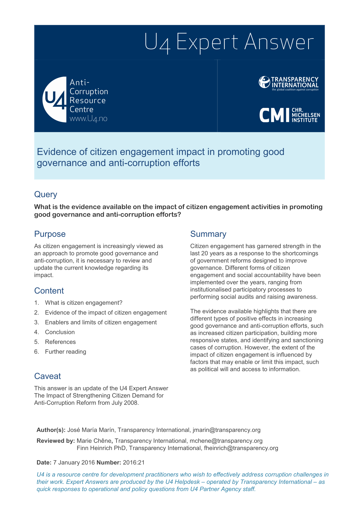 Evidence of citizen engagement impact in promoting good governance and anti-corruption efforts