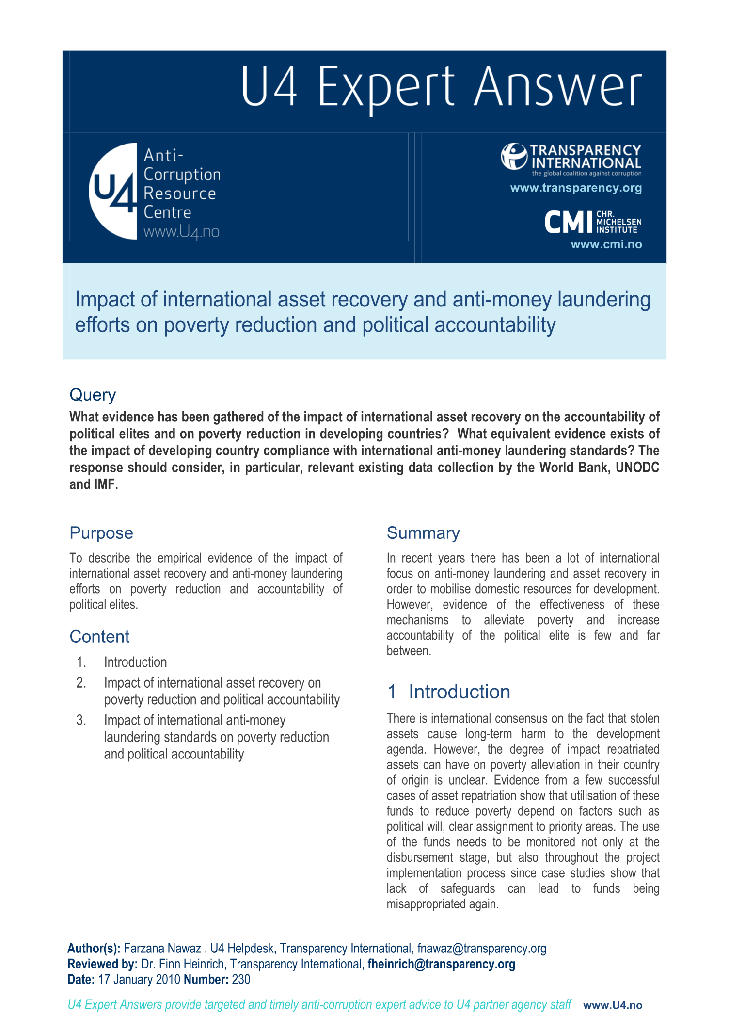 Impact of international asset recovery and anti-money laundering efforts on poverty reduction