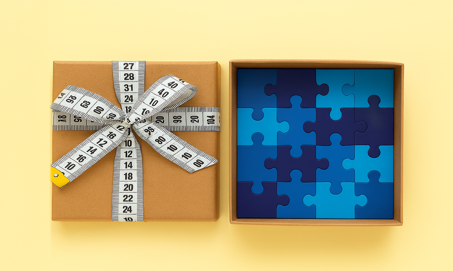 Illustration of a puzzle in a gift box, with a ribbon made of a measuring band.