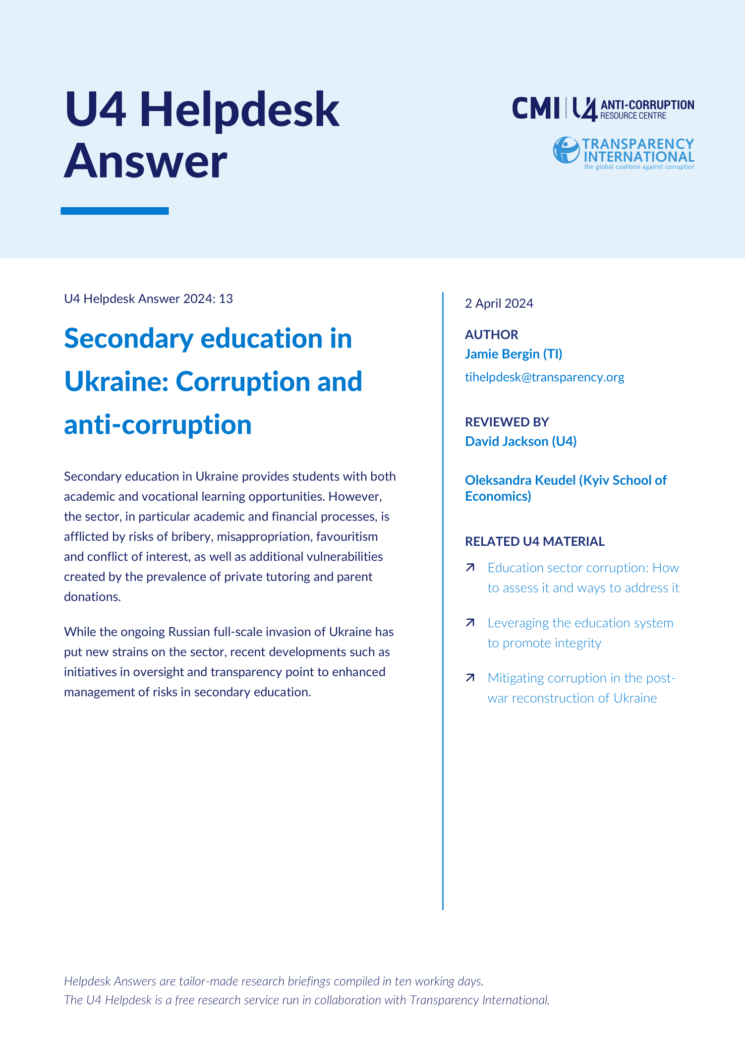 Secondary education in Ukraine: Corruption and anti-corruption