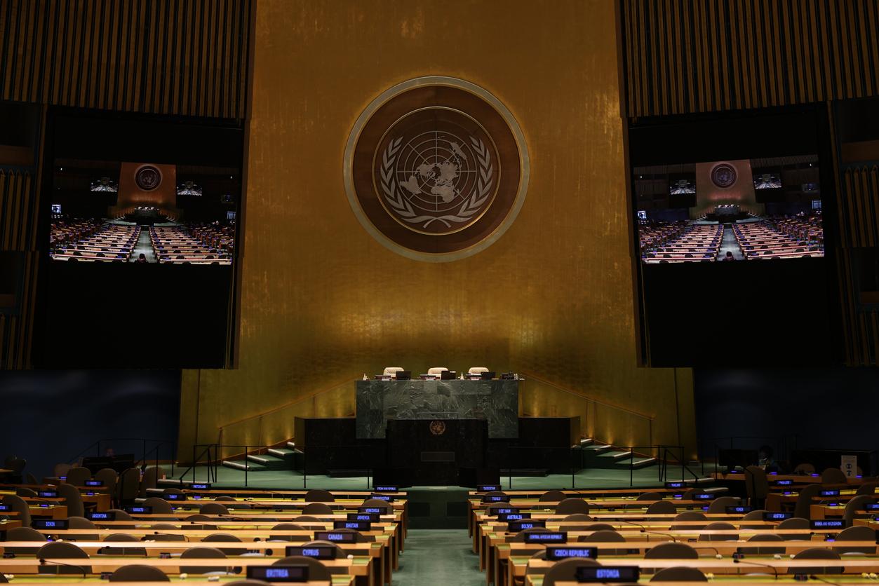 Empty hall of the United Nations General Assembly at the UN headquarters in New York.