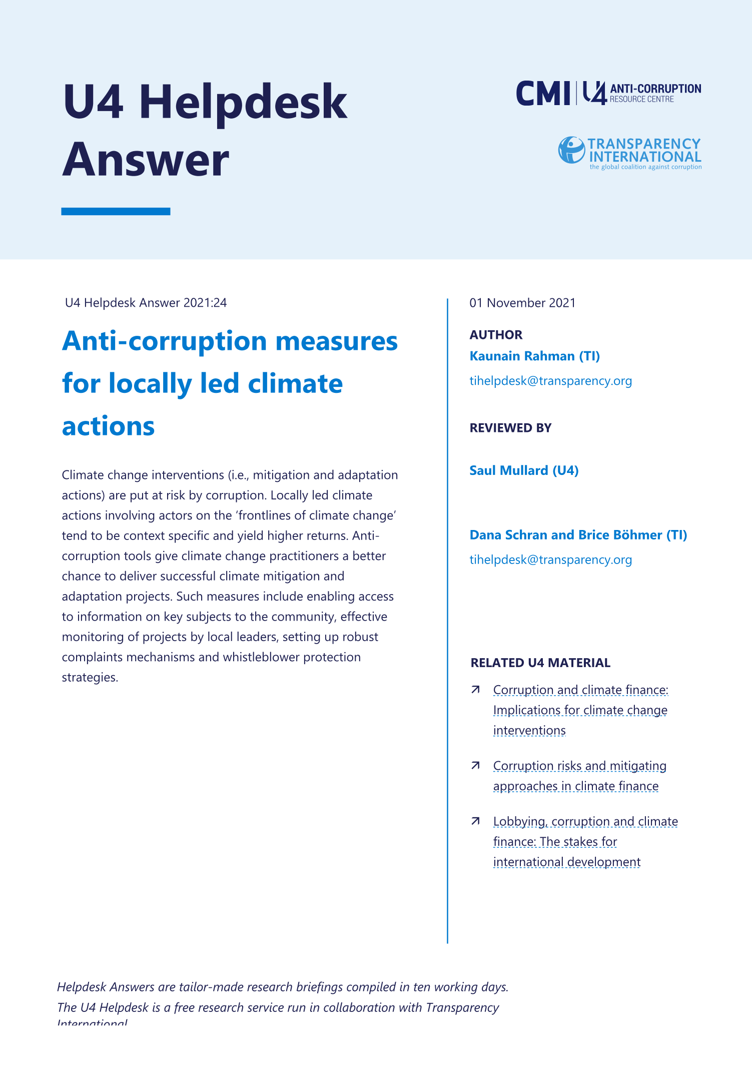 Anti-corruption measures for locally led climate actions