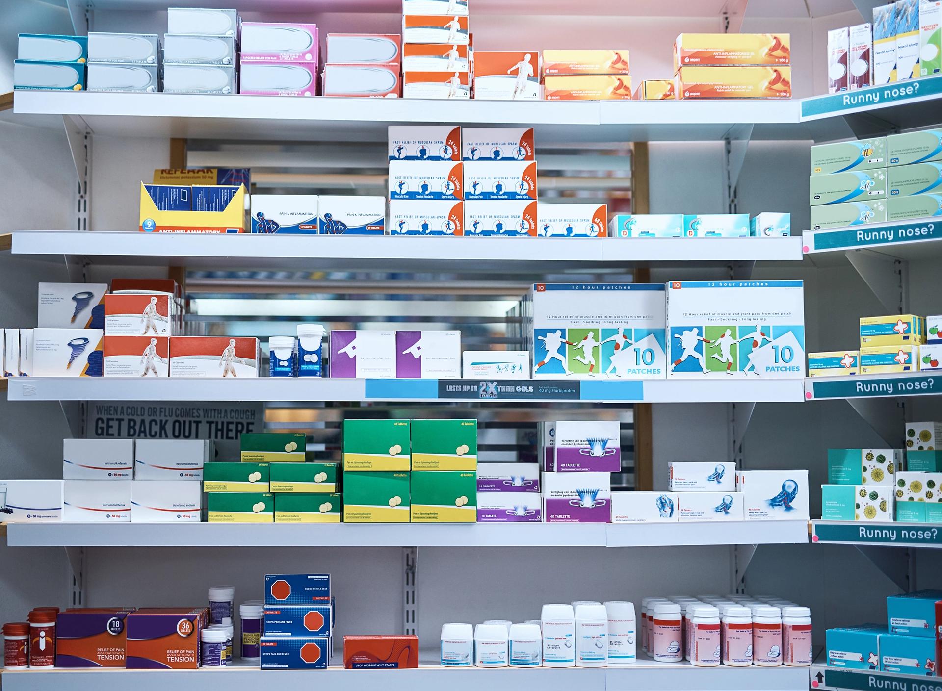 Medicines stored on shelves