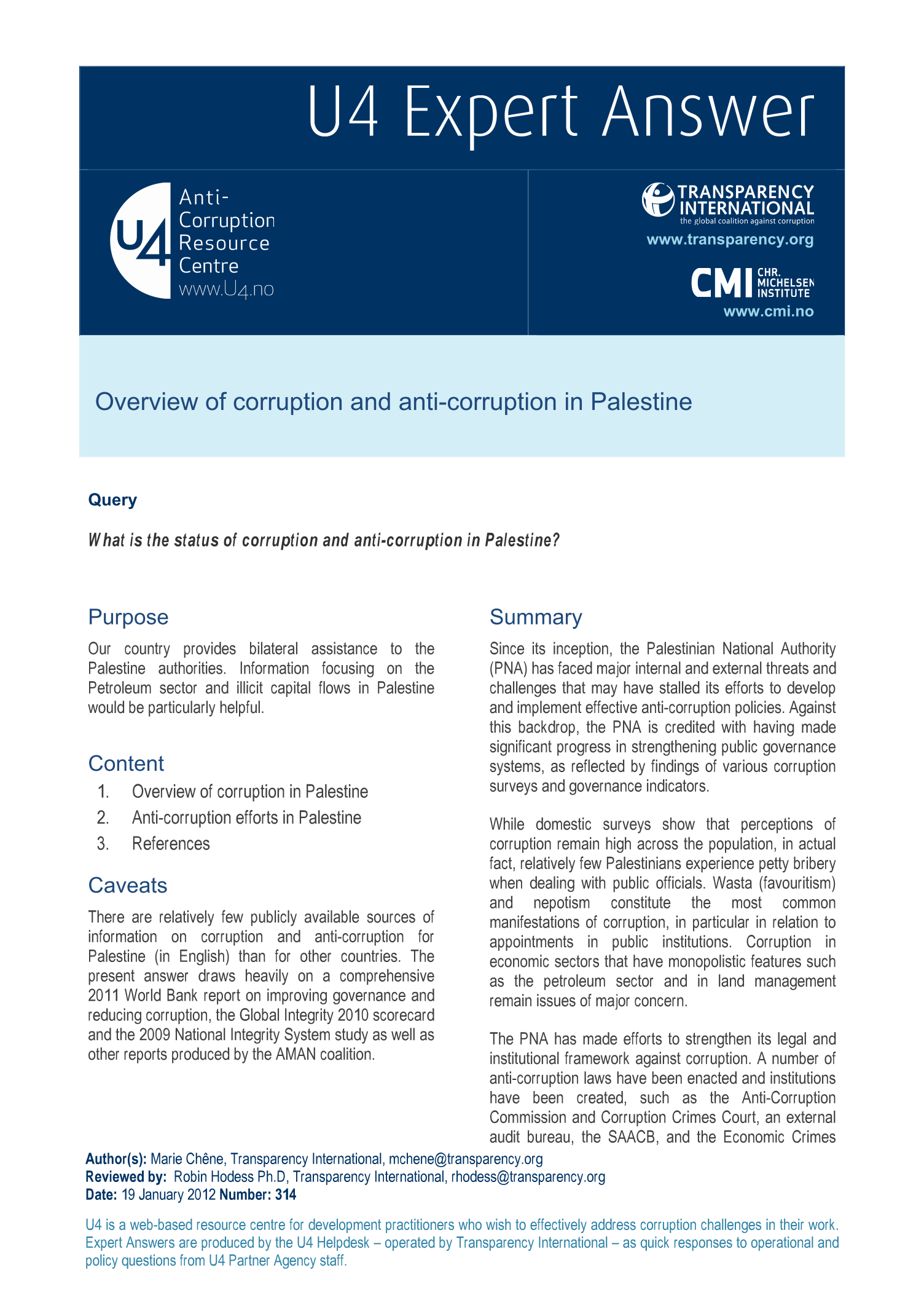 Overview of corruption and anti-corruption in Palestine