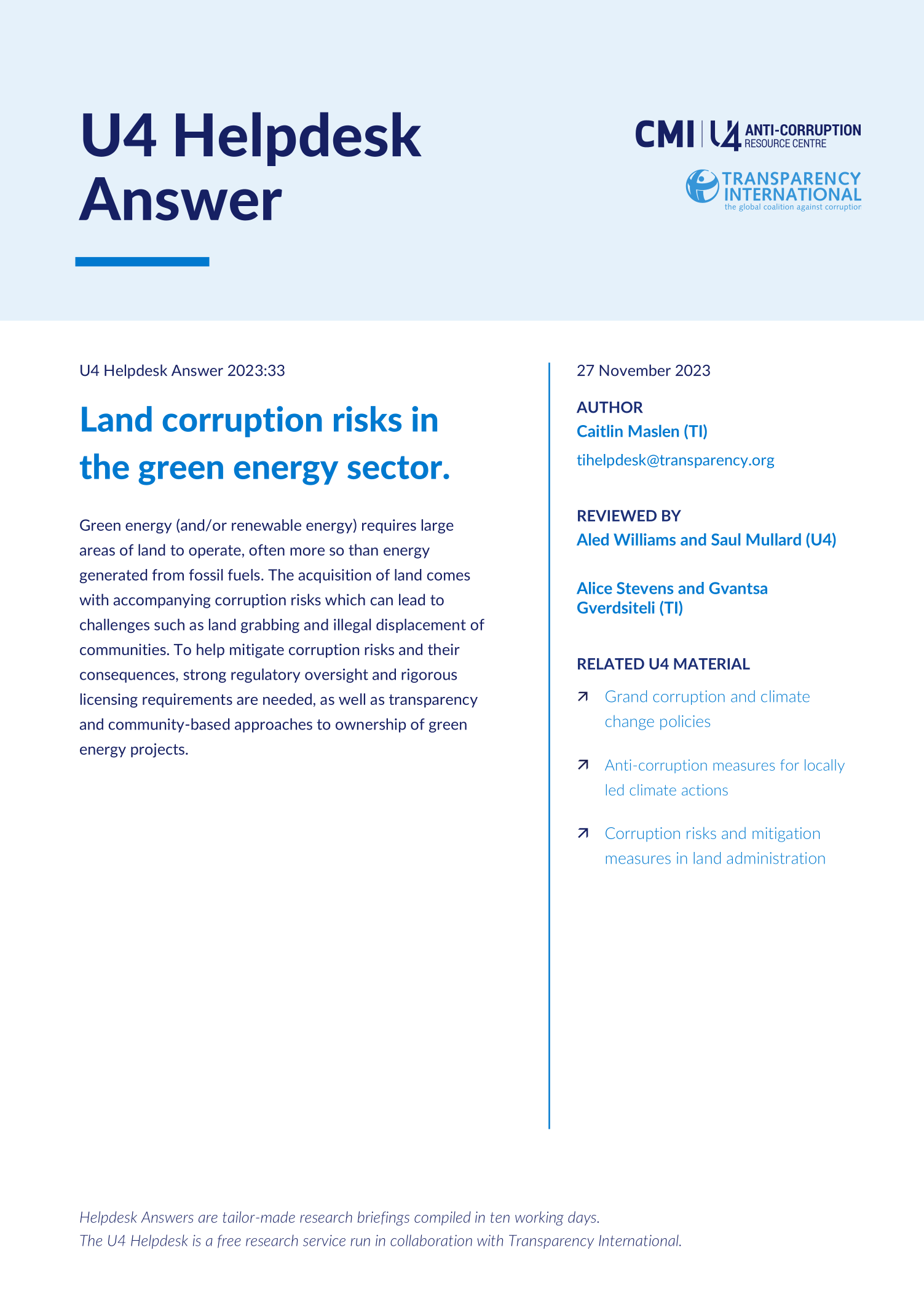 Land corruption risks in the green energy sector