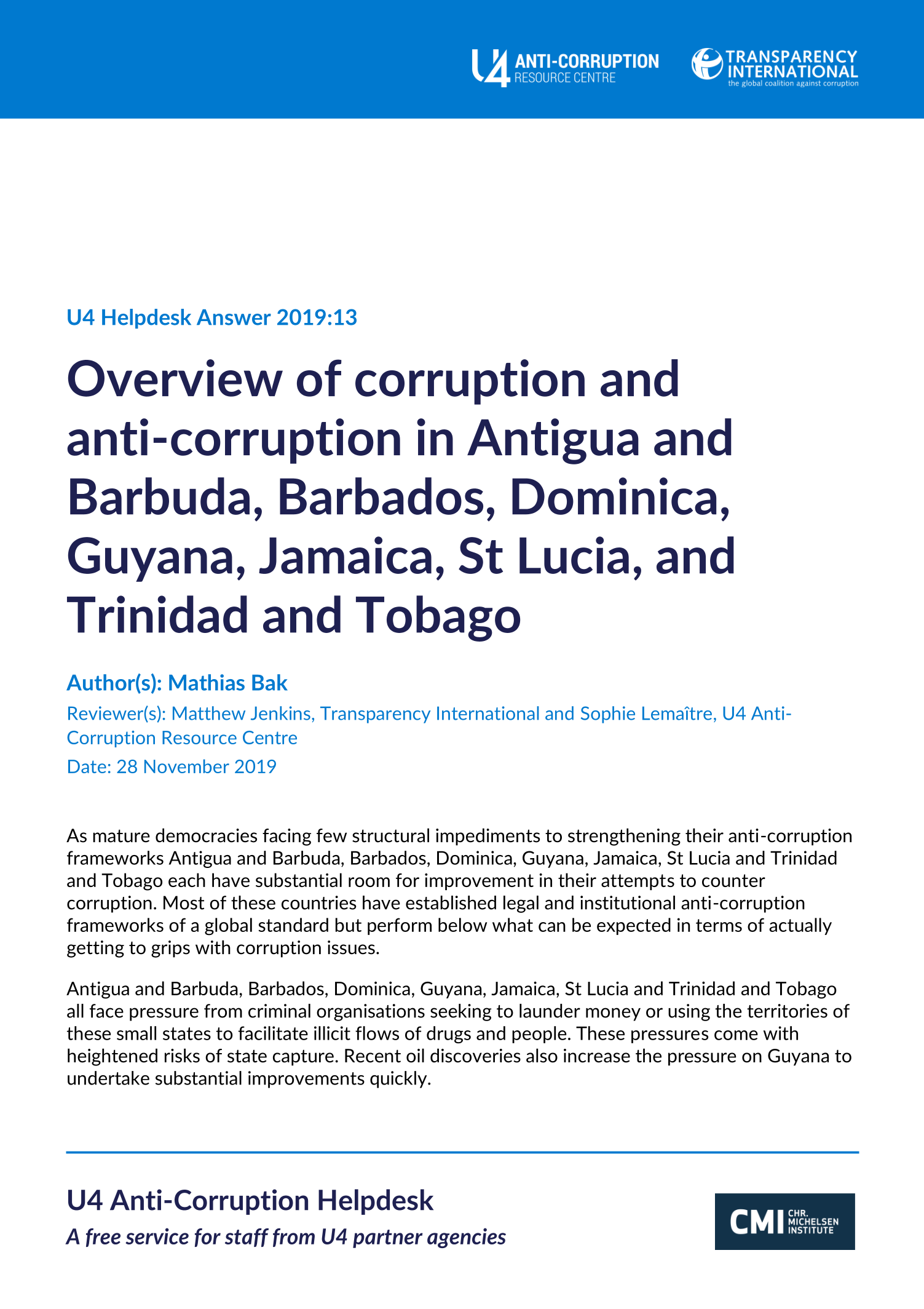 Overview of corruption and anti-corruption in Antigua and Barbuda, Barbados, Dominica, Guyana, Jamaica, St Lucia, and Trinidad and Tobago